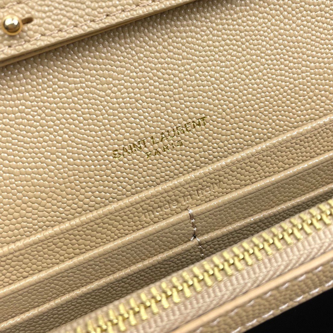 Saint Laurent Cassandre Matelasse Chain Wallet in Beige Grained Leather