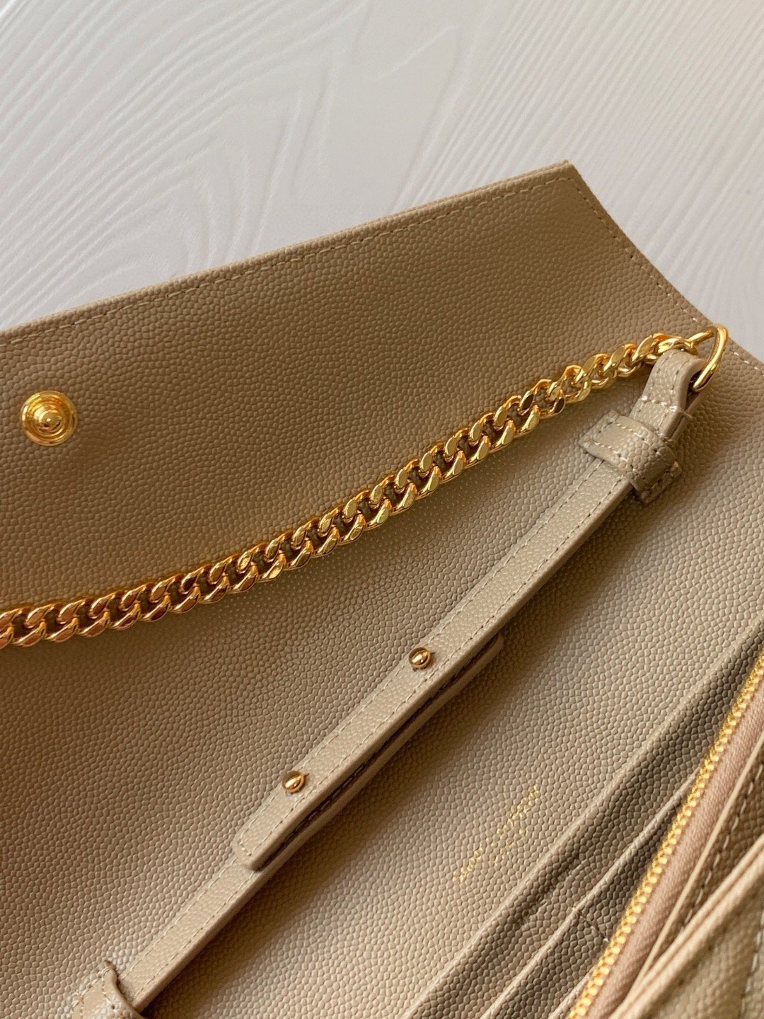 Saint Laurent Cassandre Matelasse Chain Wallet in Beige Grained Leather