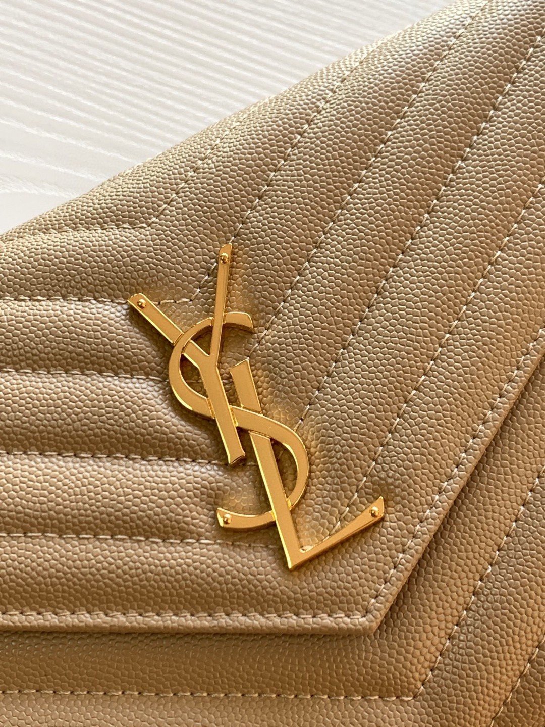 Saint Laurent Cassandre Matelasse Chain Wallet in Beige Grained Leather