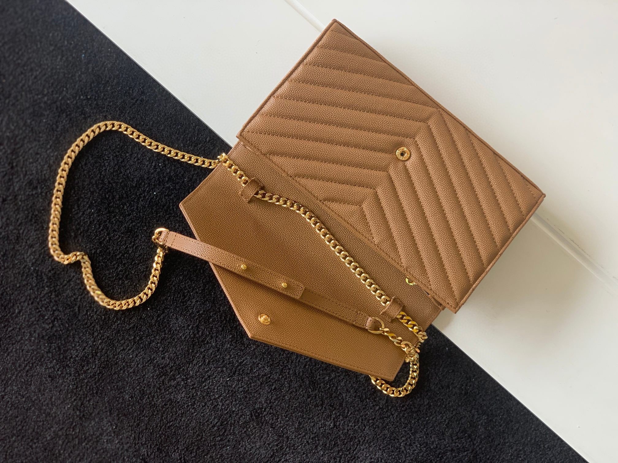 Saint Laurent Cassandre Matelasse Chain Wallet in Brown Grained Leather