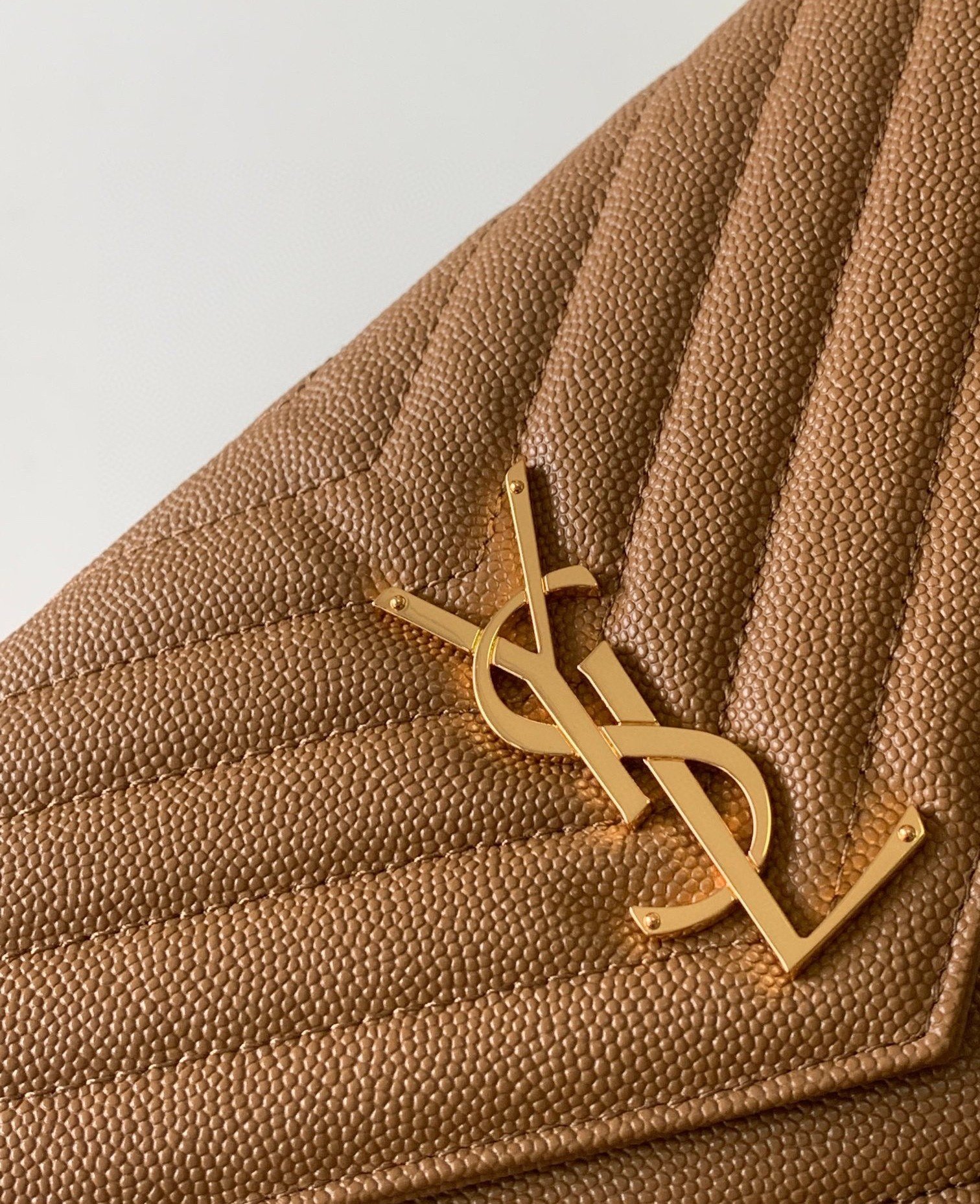 Saint Laurent Cassandre Matelasse Chain Wallet in Brown Grained Leather