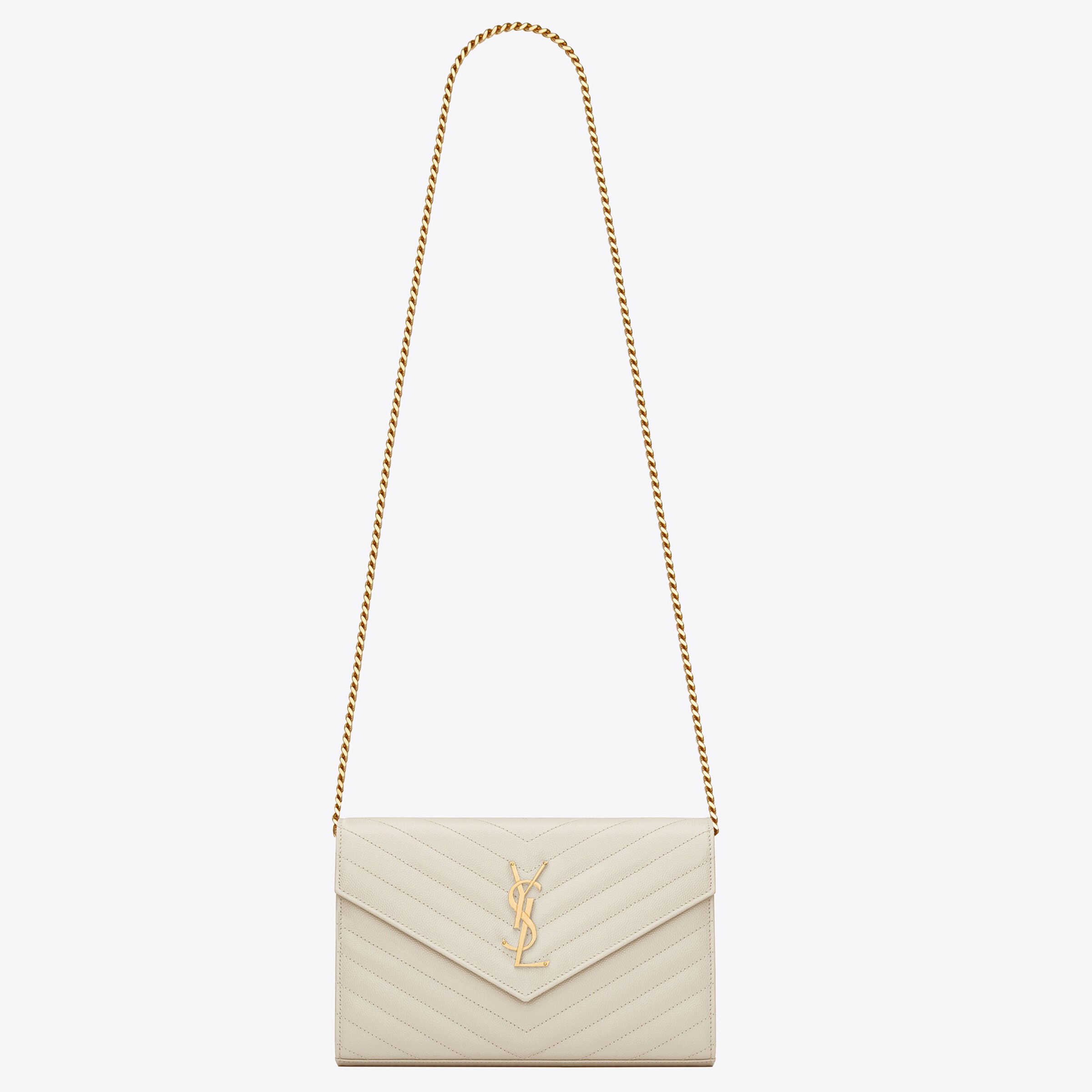 Saint Laurent Cassandre Matelasse Chain Wallet in White Grained Leather