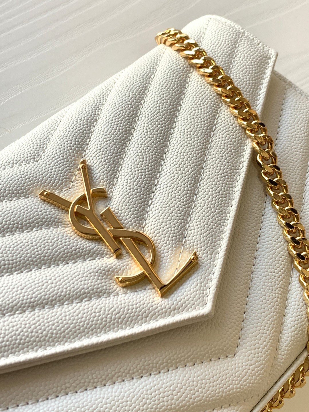 Saint Laurent Cassandre Matelasse Chain Wallet in White Grained Leather