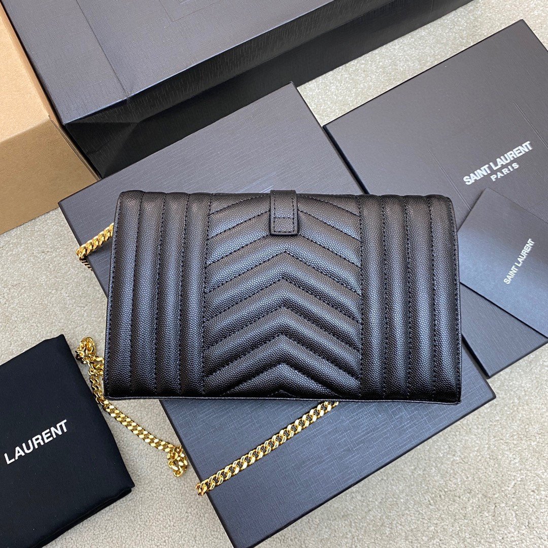 Saint Laurent Envelope Chain Wallet in Black Grained Leather