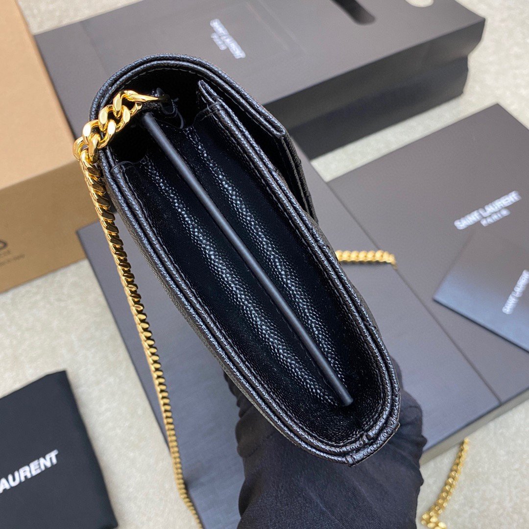 Saint Laurent Envelope Chain Wallet in Black Grained Leather