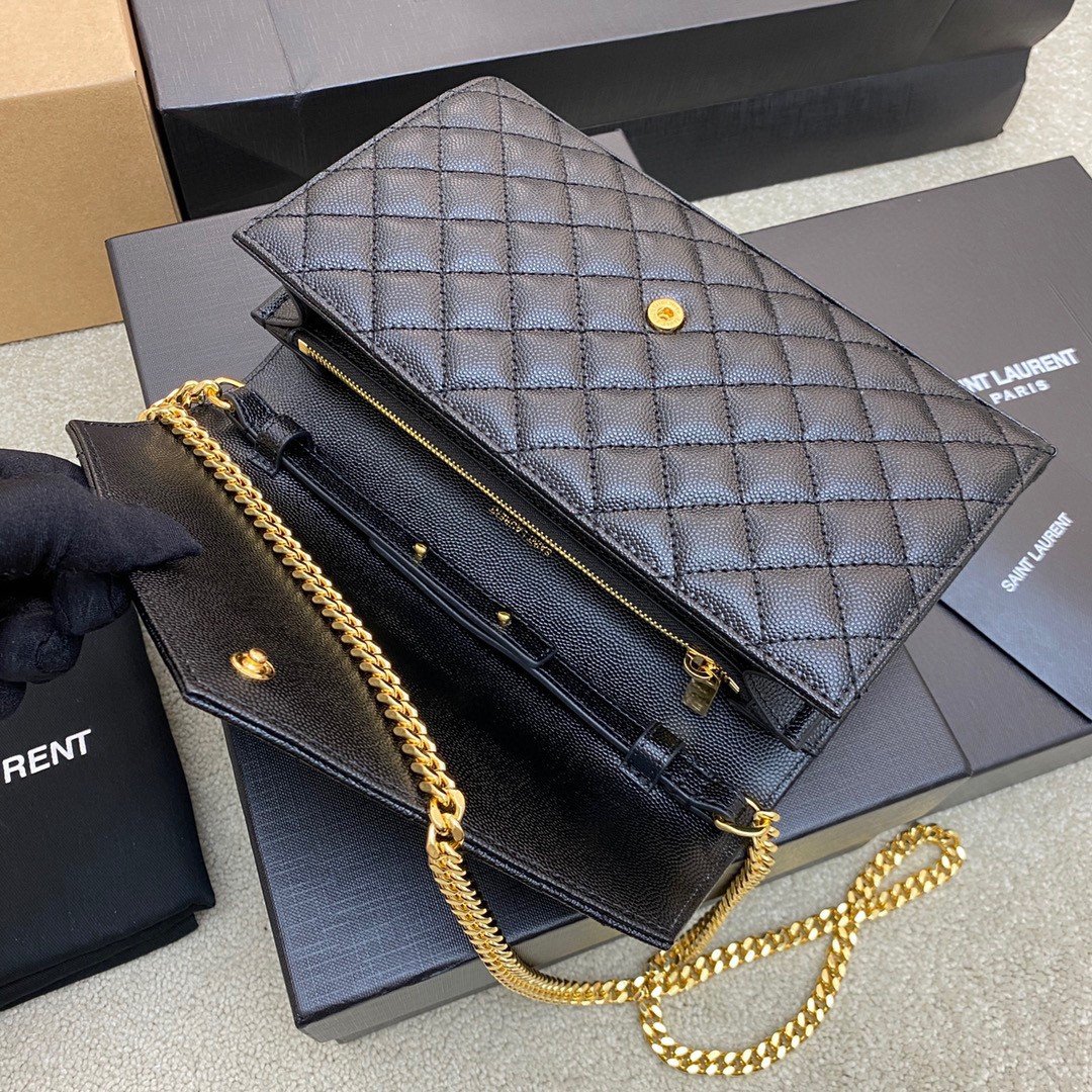 Saint Laurent Envelope Chain Wallet in Black Grained Leather