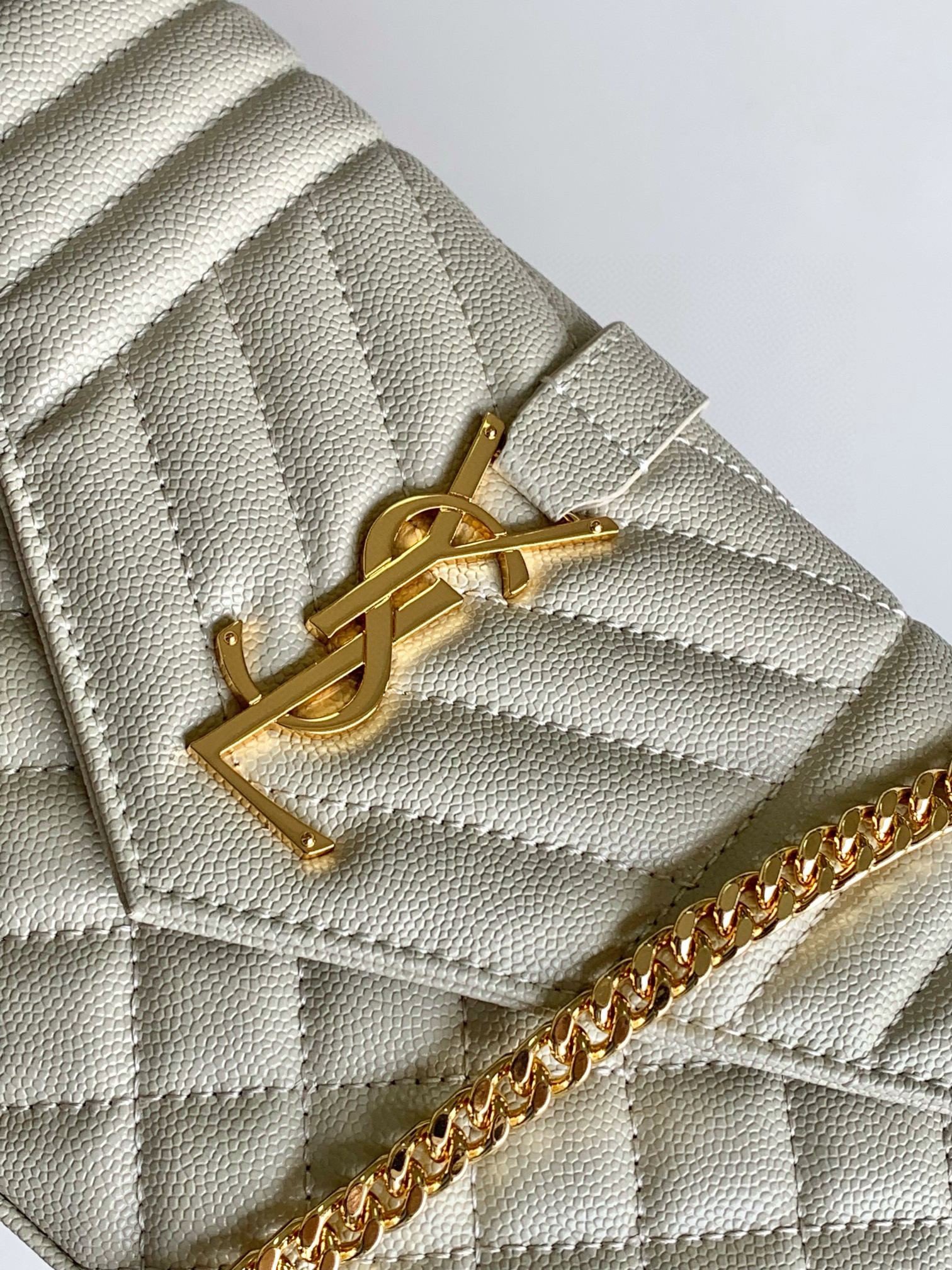 Saint Laurent Envelope Chain Wallet in White Grained Leather