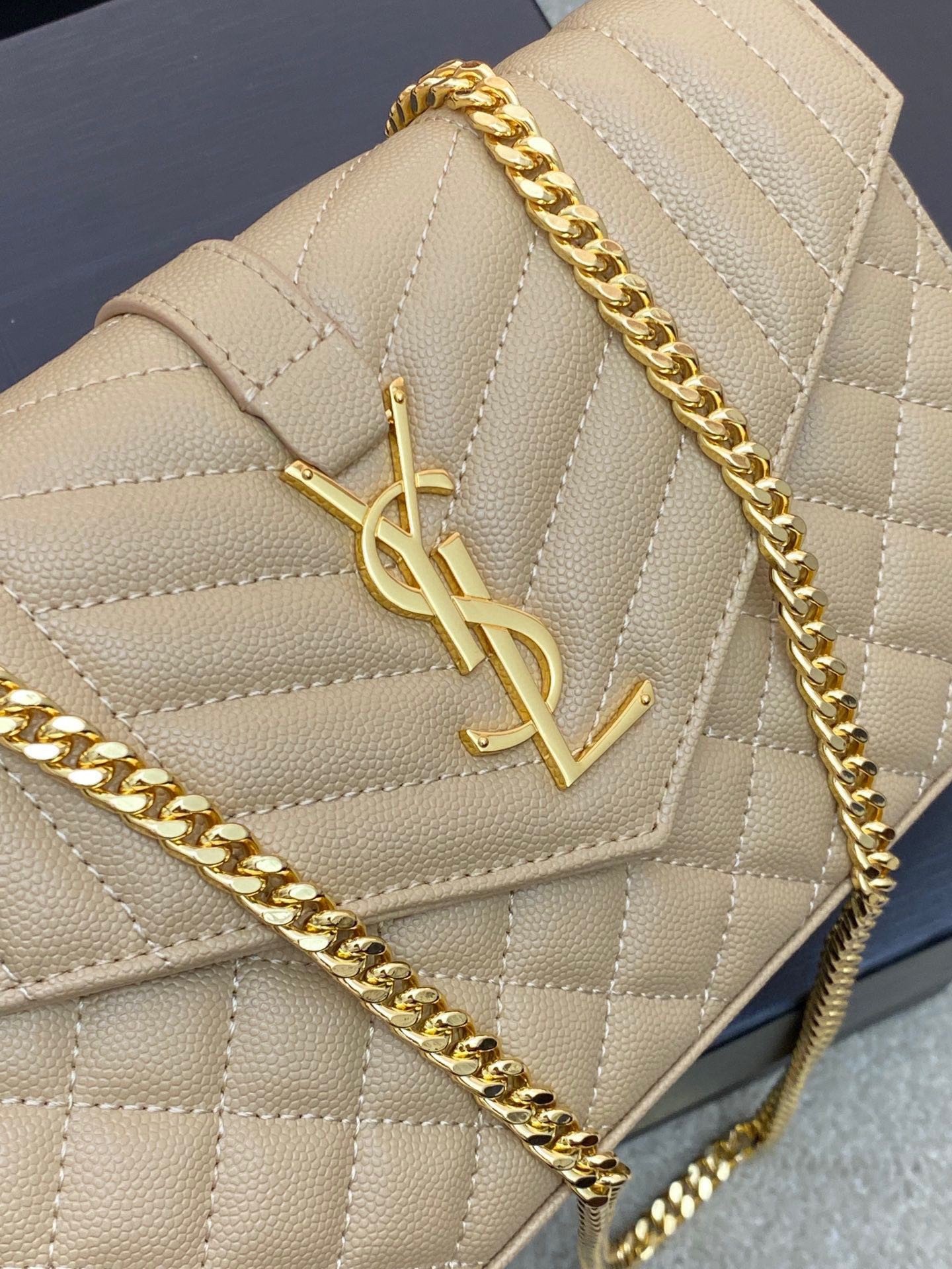 Saint Laurent Envelope Chain Wallet in Beige Grained Leather