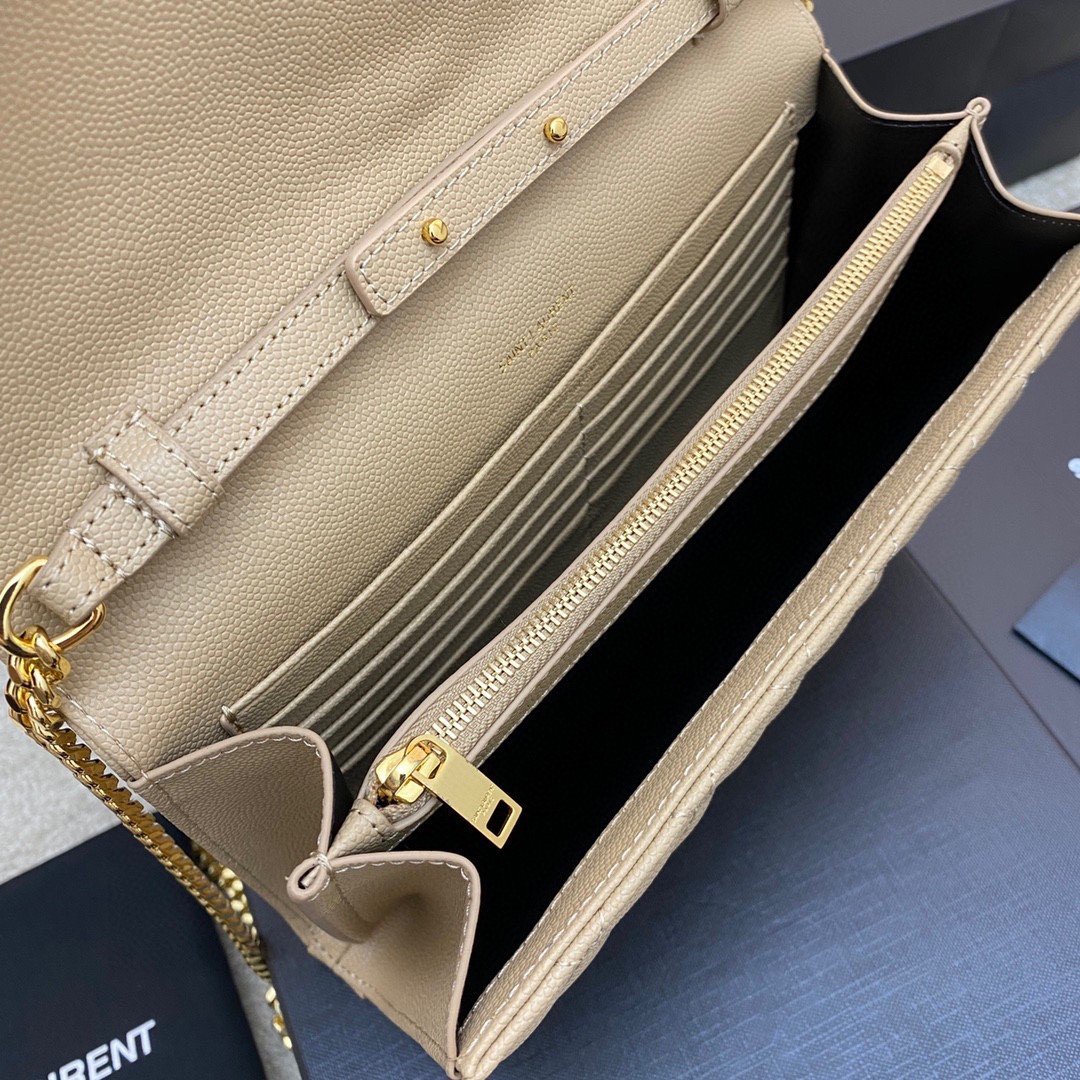 Saint Laurent Envelope Chain Wallet in Beige Grained Leather