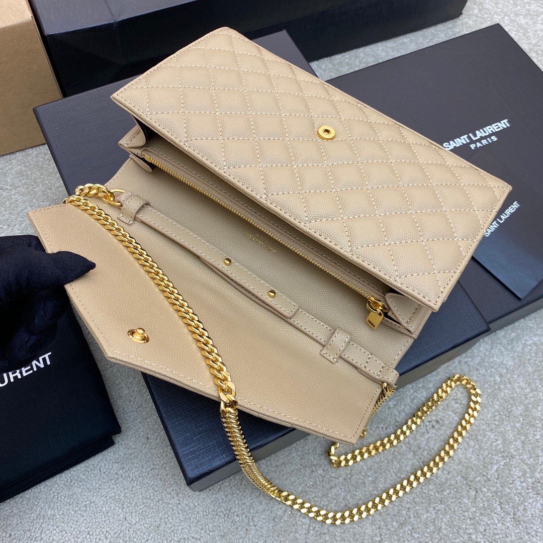 Saint Laurent Envelope Chain Wallet in Beige Grained Leather