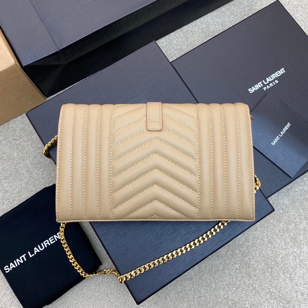 Saint Laurent Envelope Chain Wallet in Beige Grained Leather