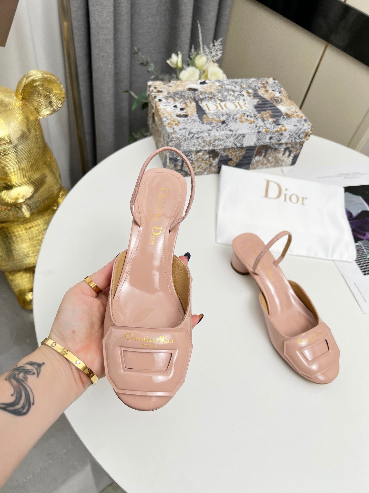 Dior Day Slingback Pumps 35MM in Nude Patent Calfskin