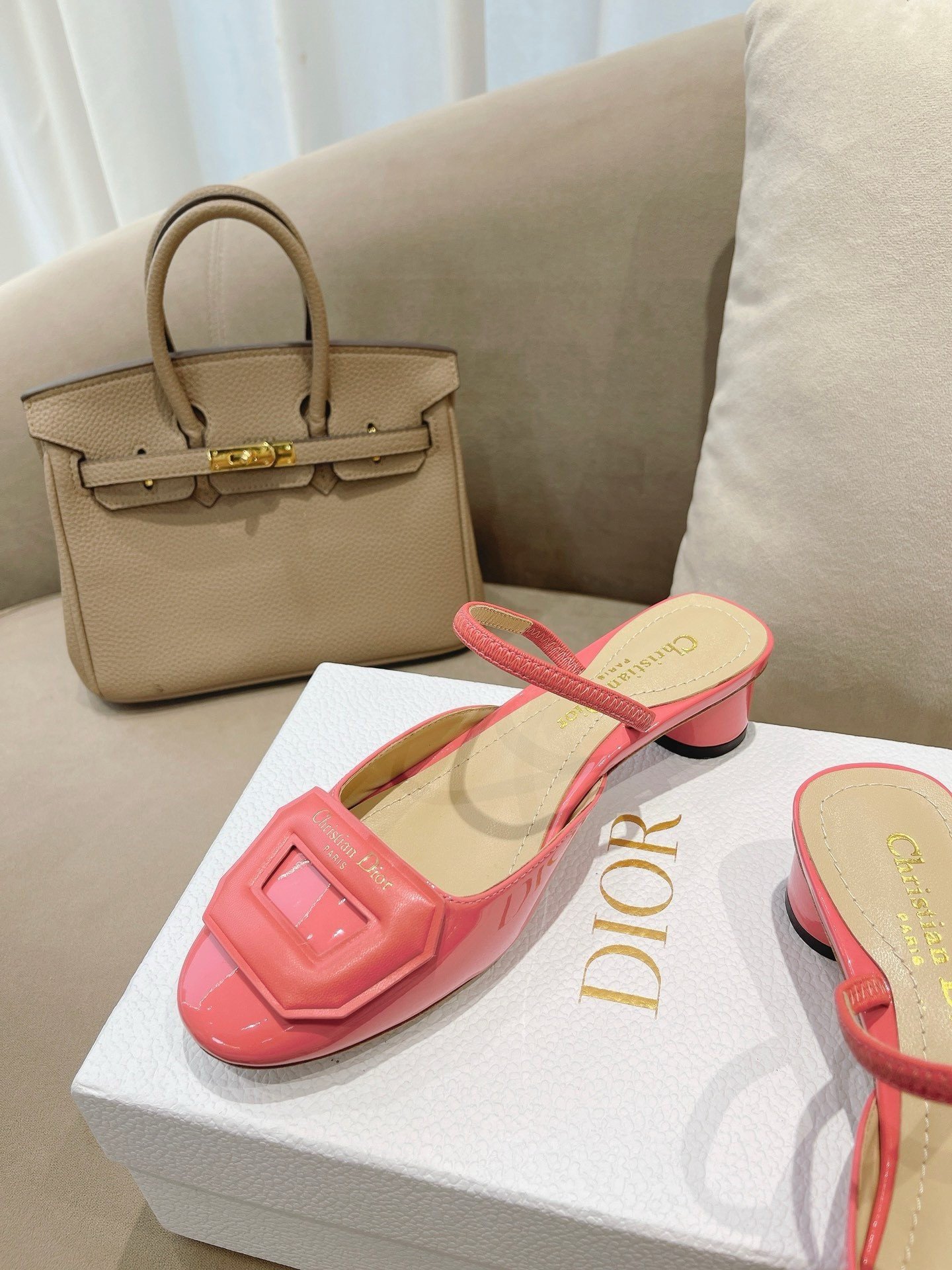 Dior Day Slingback Pumps 35MM in Pink Patent Calfskin