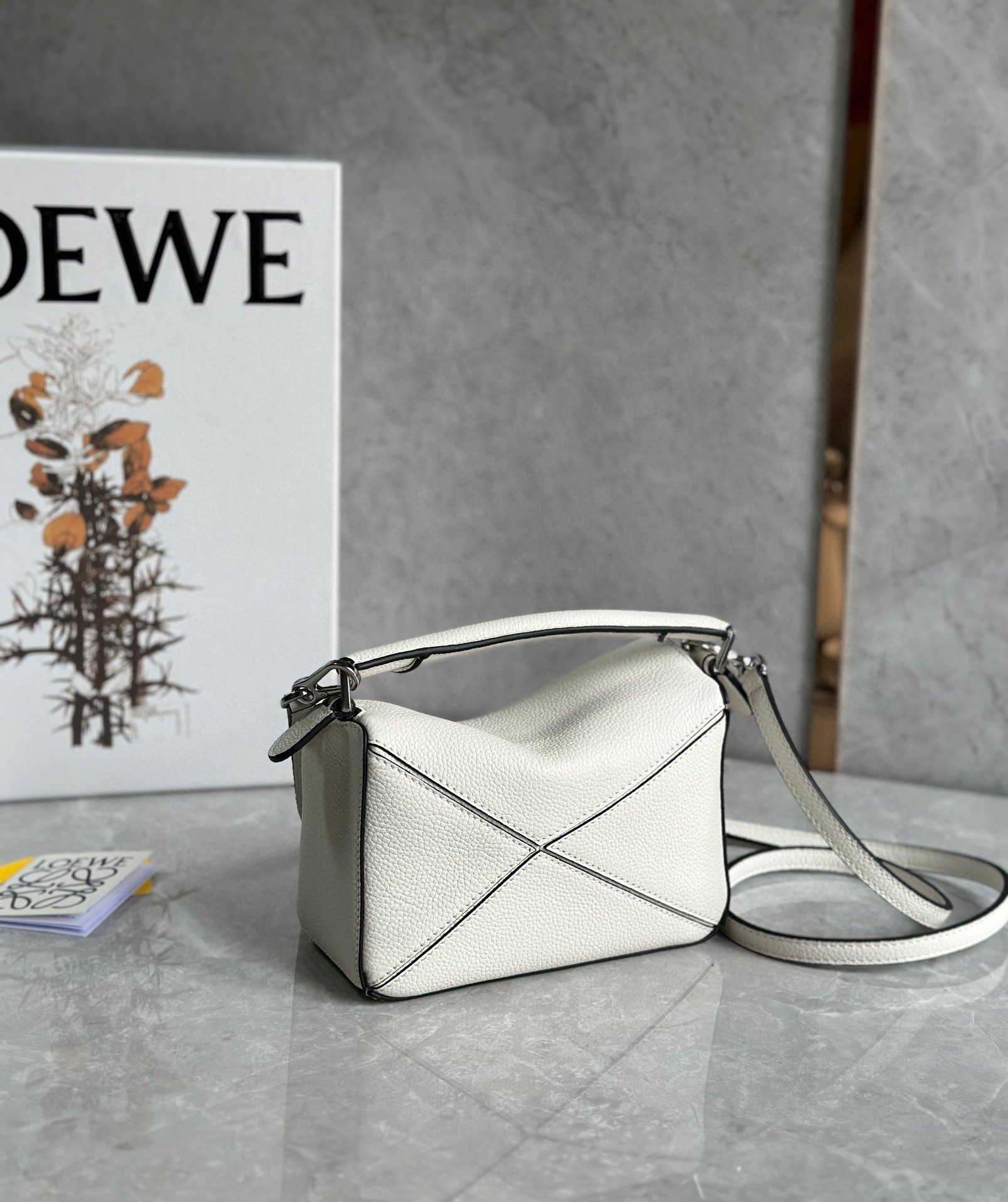 Loewe Puzzle Mini Bag In White Grained Calfskin