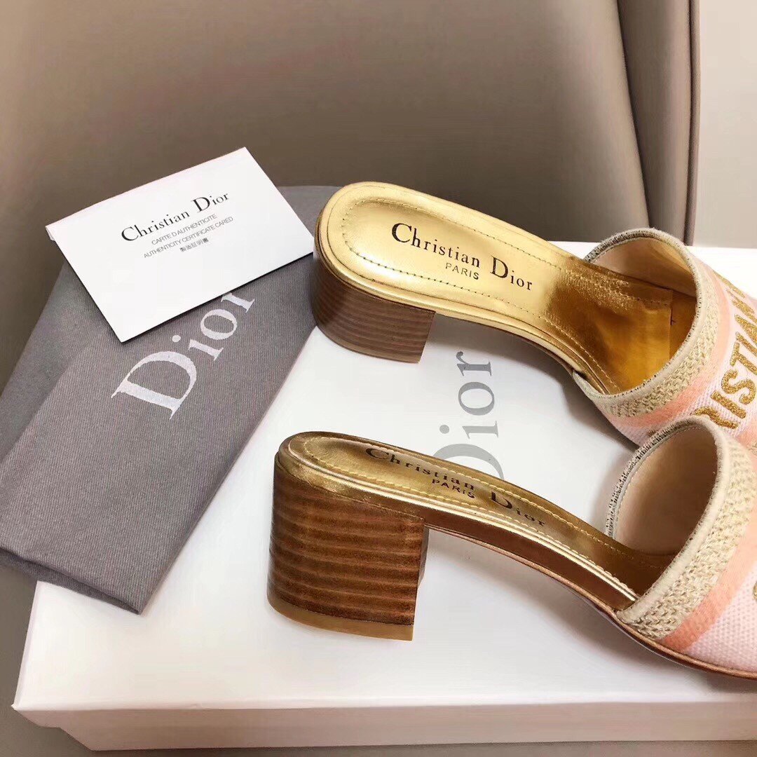 Dior Dway Heeled Slides In Embroidered Cotton With Lurex Threads