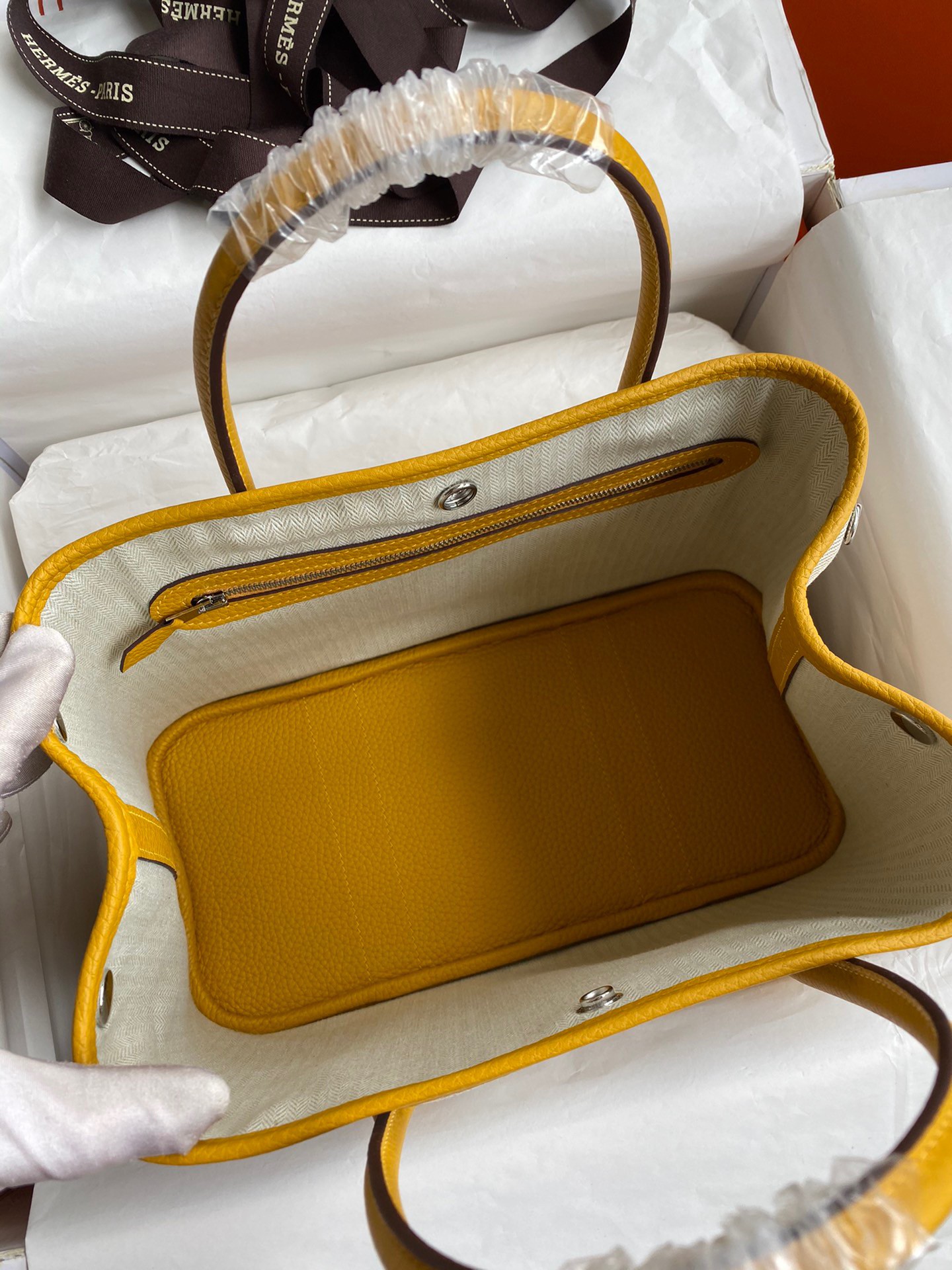 Hermes Garden Party 30 Handmade Bag in Toile and Yellow Leather