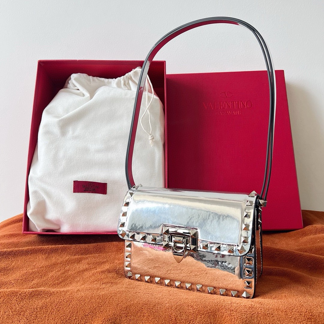 Valentino Rockstud23 Small Shoulder Bag in Silver Calfskin