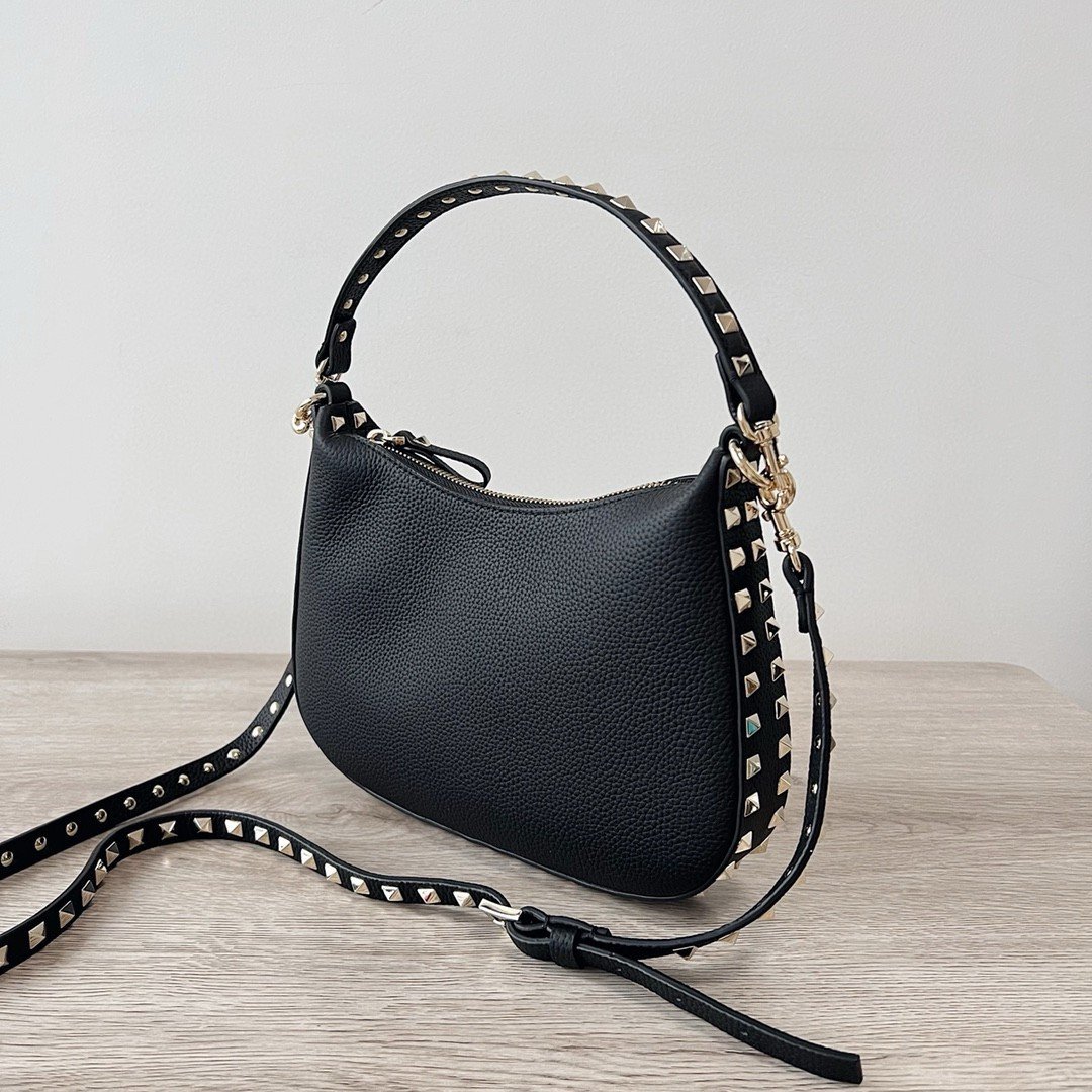 Valentino Rockstud Small Hobo Bag in Black Grainy Calfskin