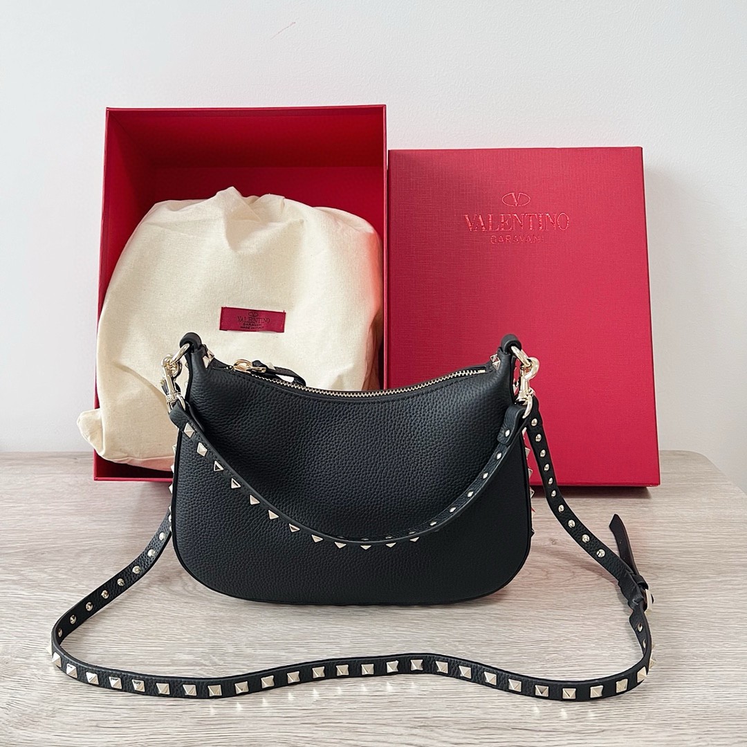 Valentino Rockstud Small Hobo Bag in Black Grainy Calfskin