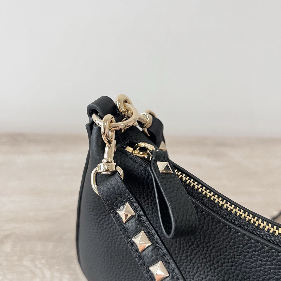 Valentino Rockstud Small Hobo Bag in Black Grainy Calfskin