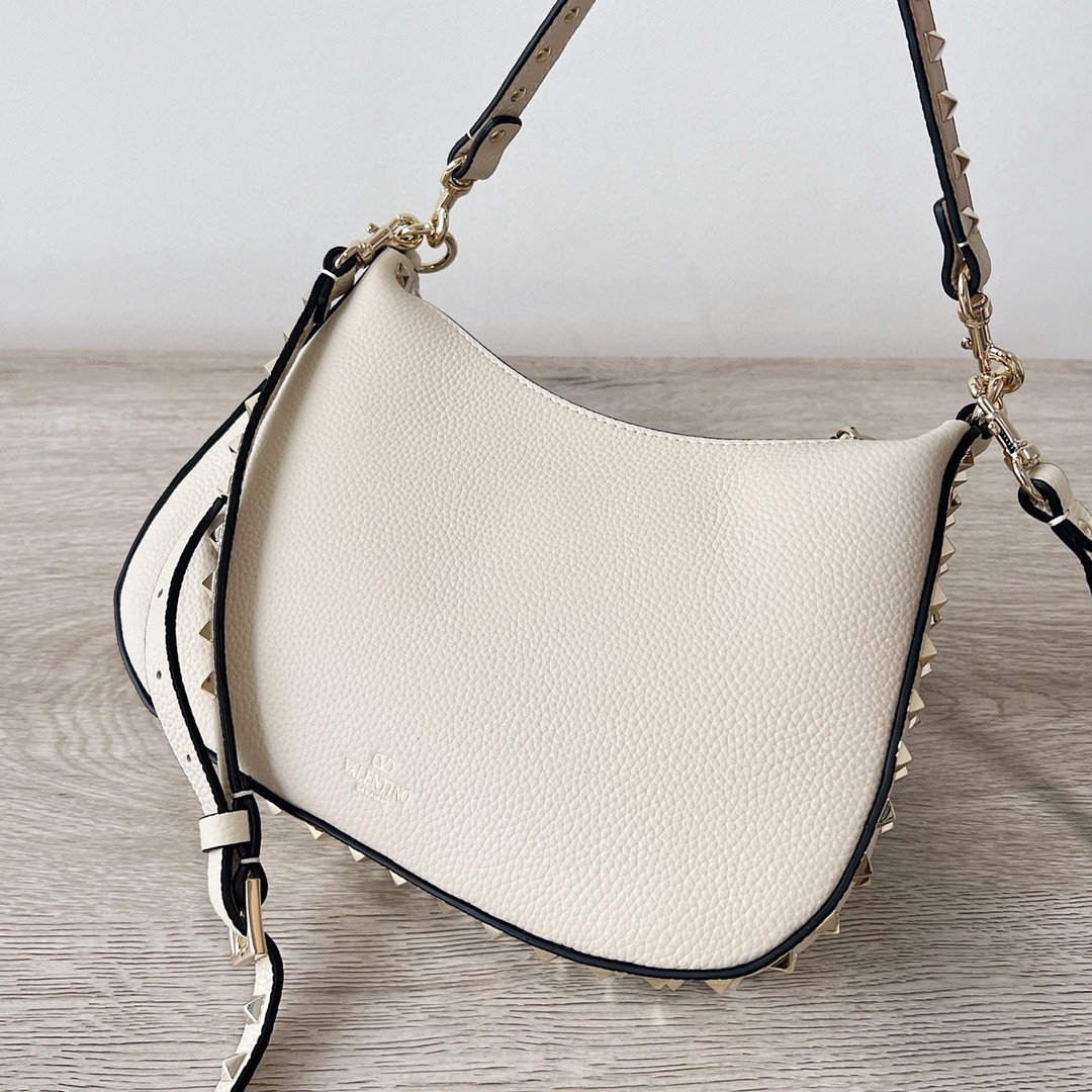 Valentino Rockstud Small Hobo Bag in White Grainy Calfskin