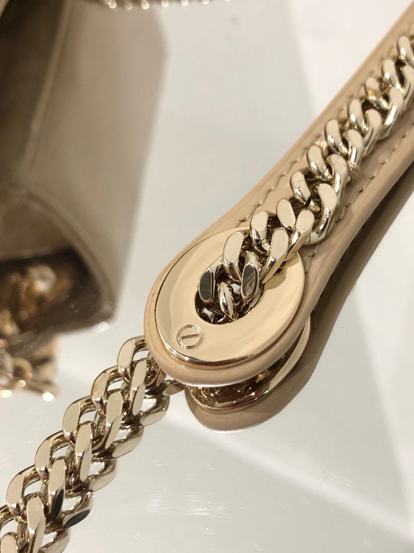 Dior Lady Dior Mini Chain Bag with Chain in Aesthetic Beige Patent Calfskin