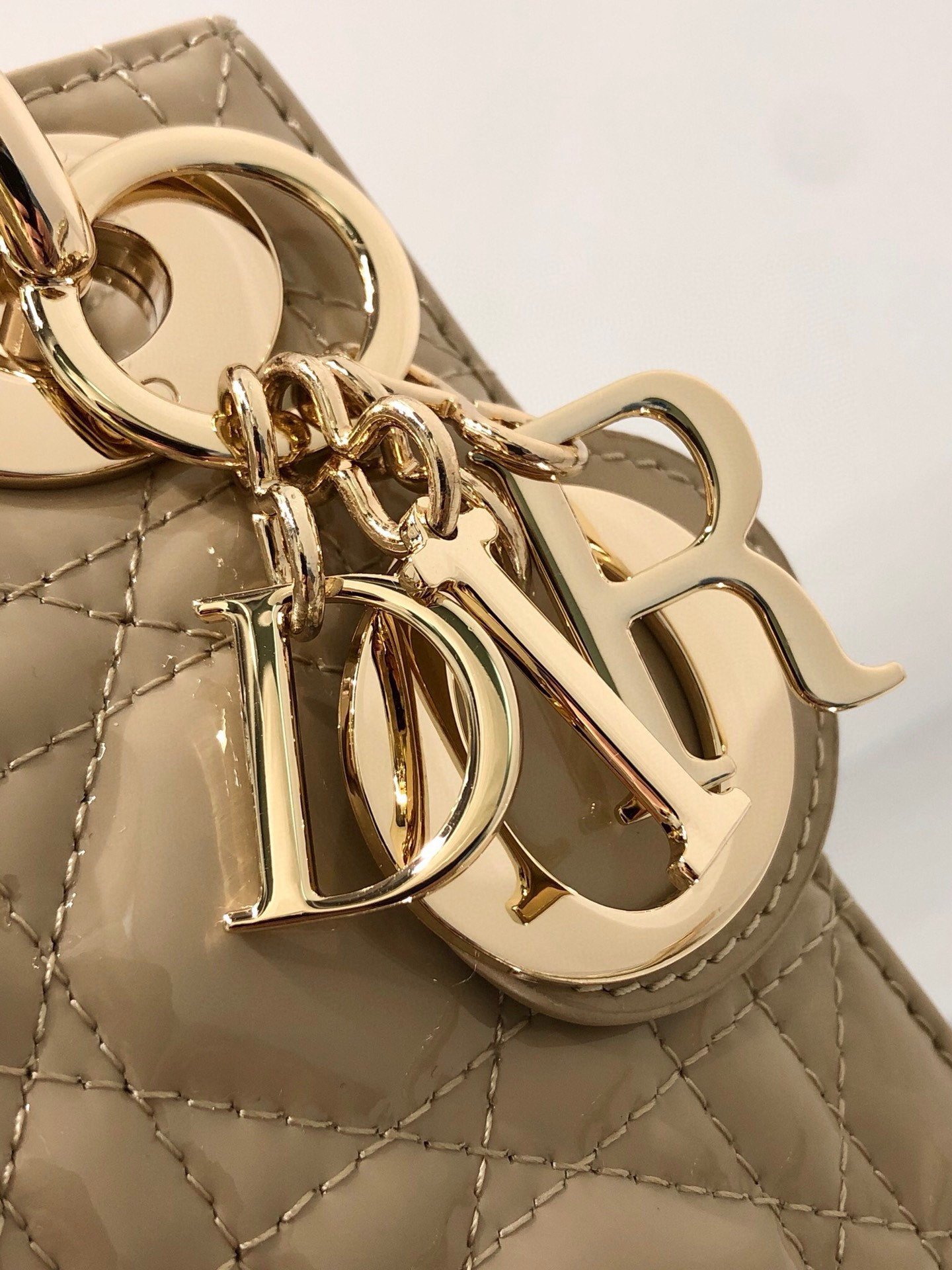 Dior Lady Dior Mini Chain Bag with Chain in Aesthetic Beige Patent Calfskin