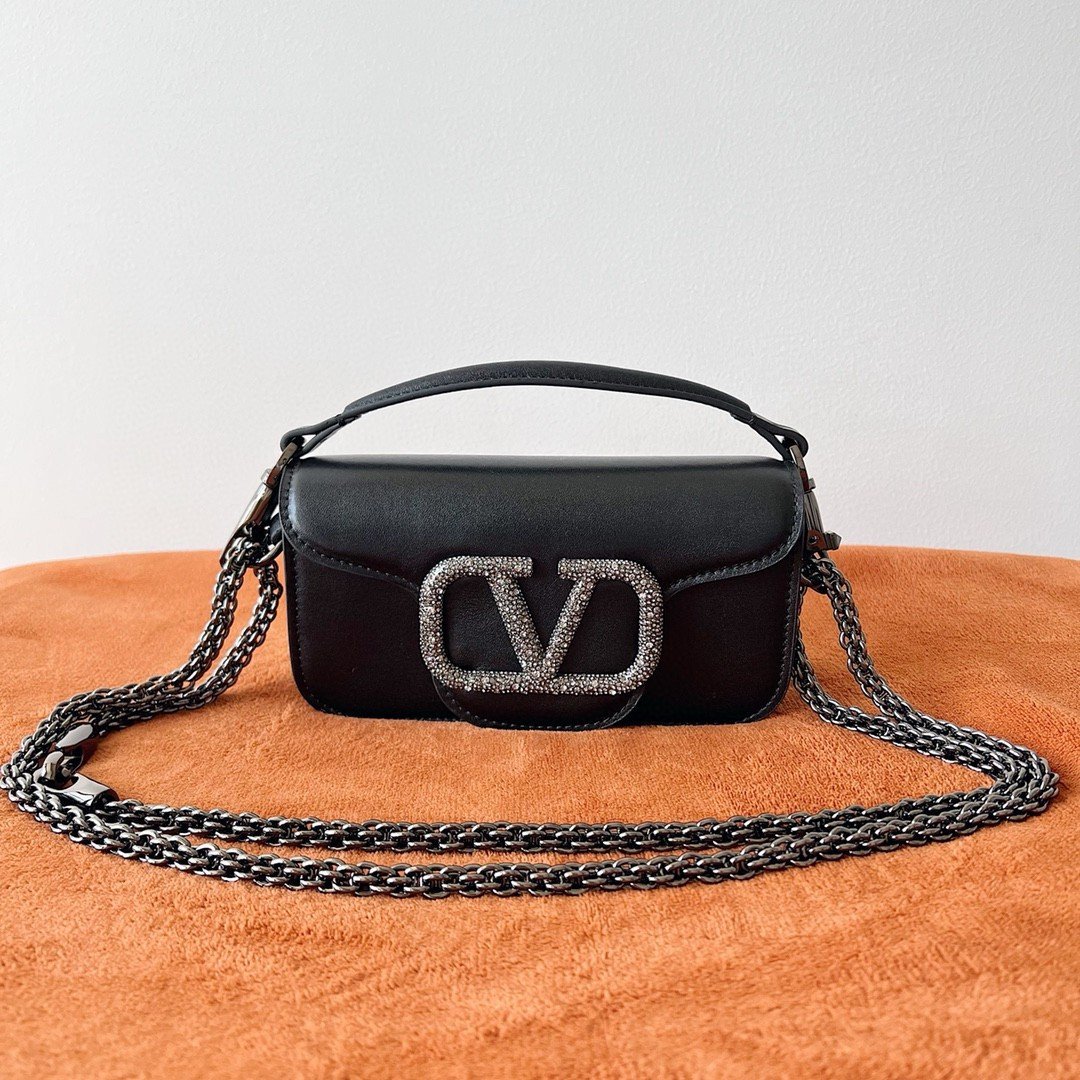 Valentino Small Loco Shoulder Black Bag with Crystals Logo