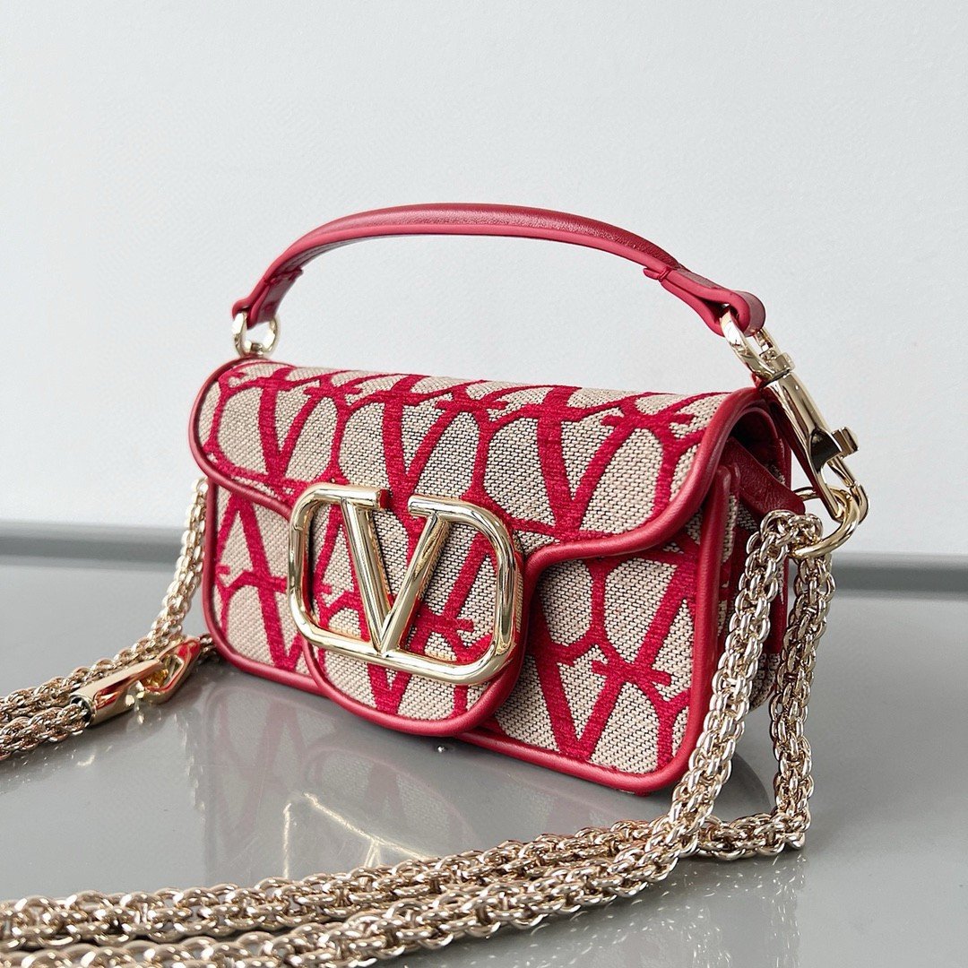 Valentino Small Loco Shoulder Bag in Red Toile Iconographe