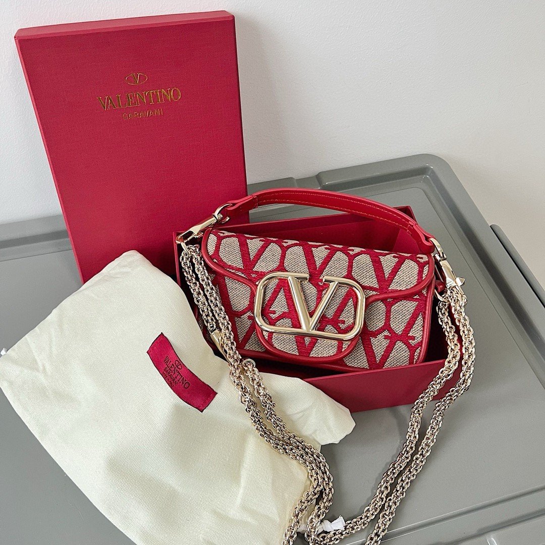 Valentino Small Loco Shoulder Bag in Red Toile Iconographe