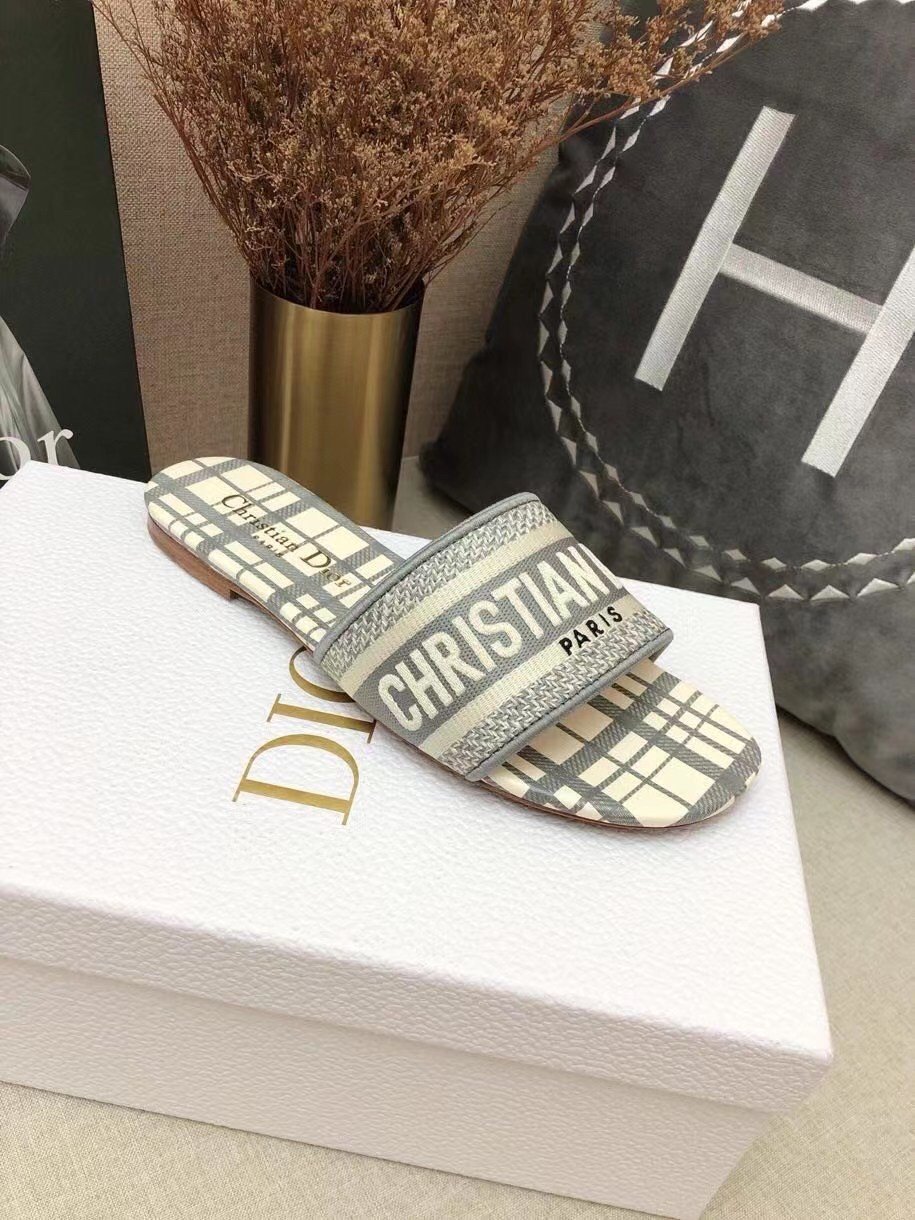 Dior Dway Slides In Grey Check'n'Dior Embroidered Cotton