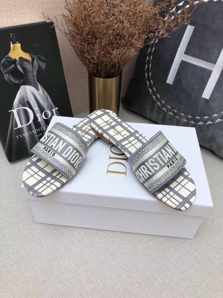 Dior Dway Slides In Grey Check'n'Dior Embroidered Cotton