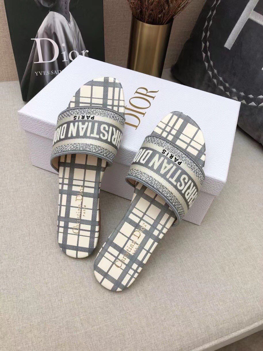 Dior Dway Slides In Grey Check'n'Dior Embroidered Cotton