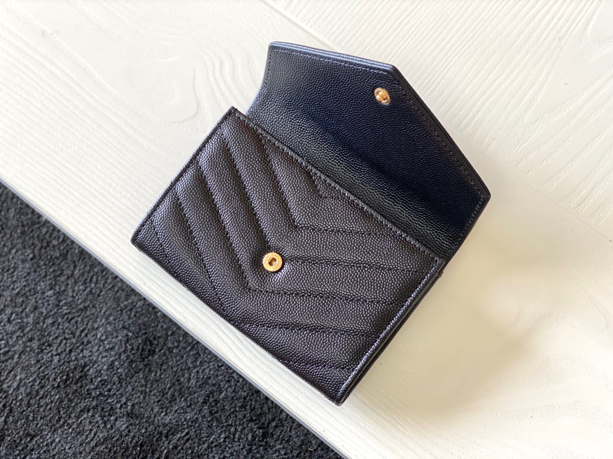 Saint Laurent Cassandre Small Envelope Wallet in Black Matelasse Leather