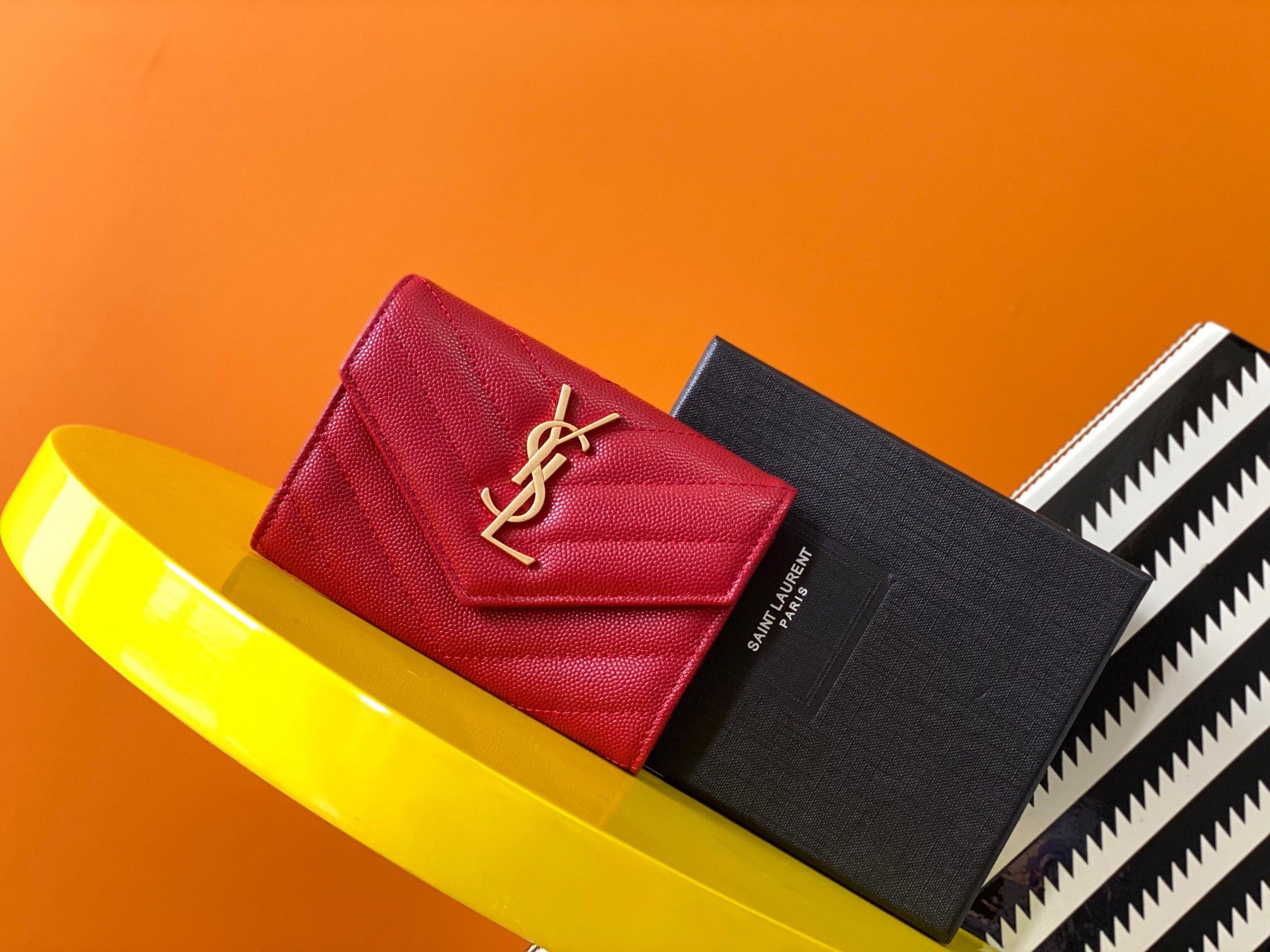 Saint Laurent Cassandre Small Envelope Wallet in Red Matelasse Leather