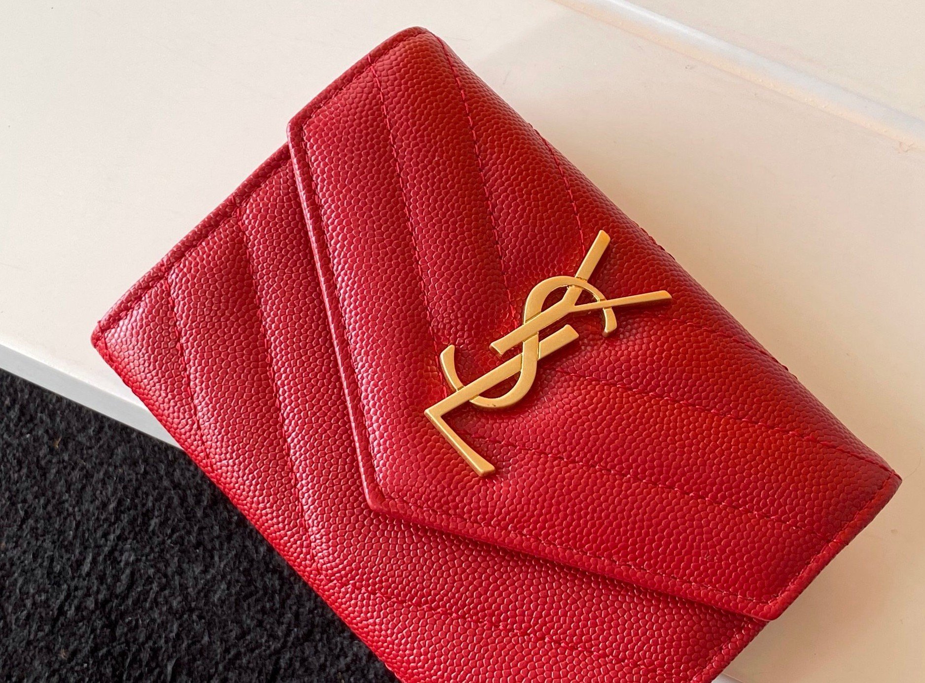 Saint Laurent Cassandre Small Envelope Wallet in Red Matelasse Leather