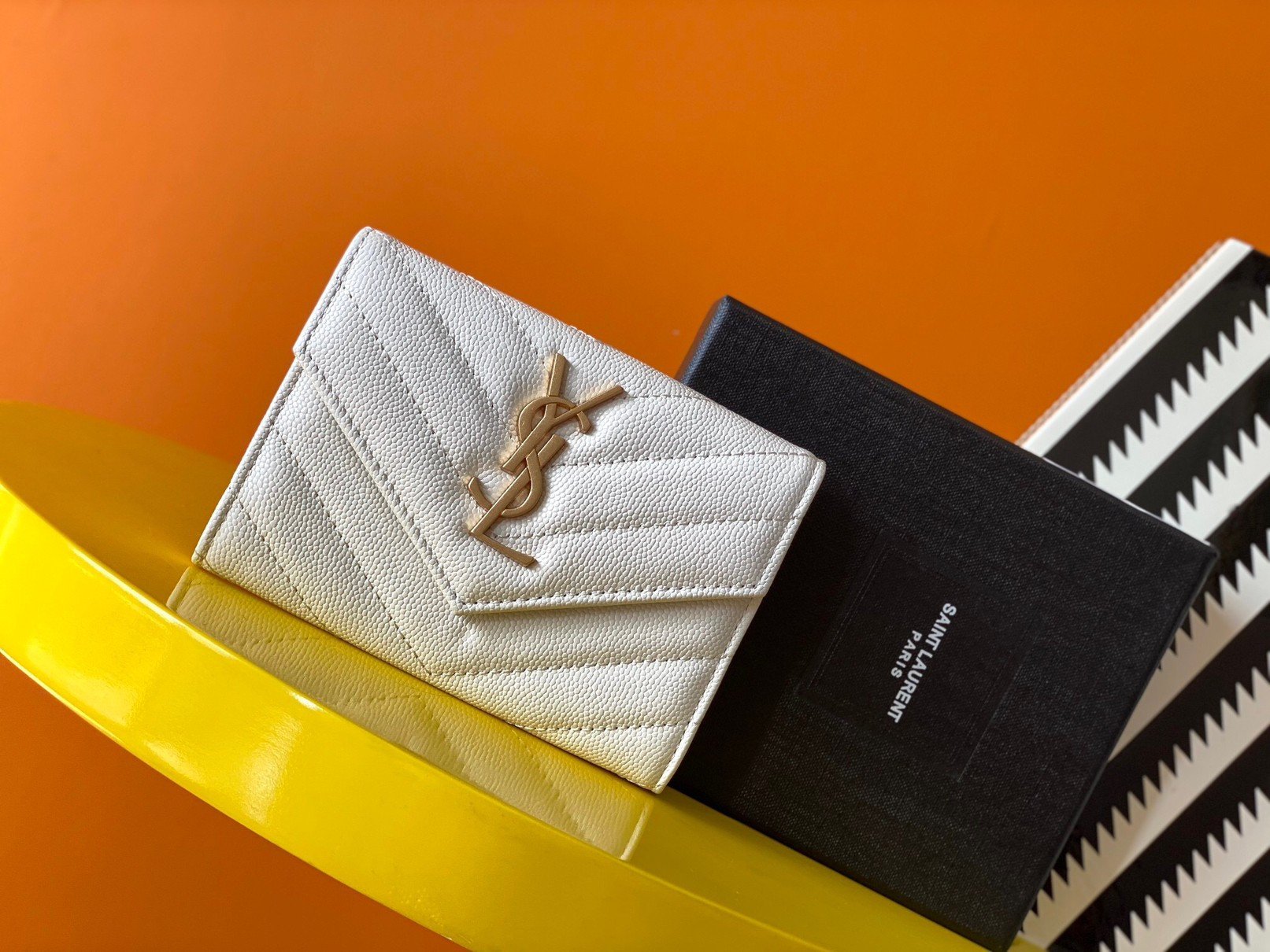 Saint Laurent Cassandre Small Envelope Wallet in White Matelasse Leather