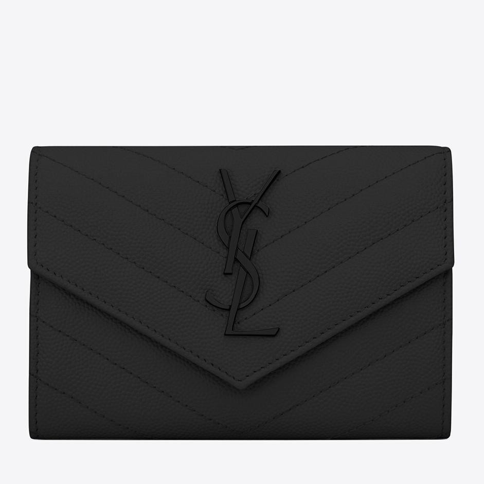 Saint Laurent Cassandre Small Envelope All Black Wallet in Matelasse Leather