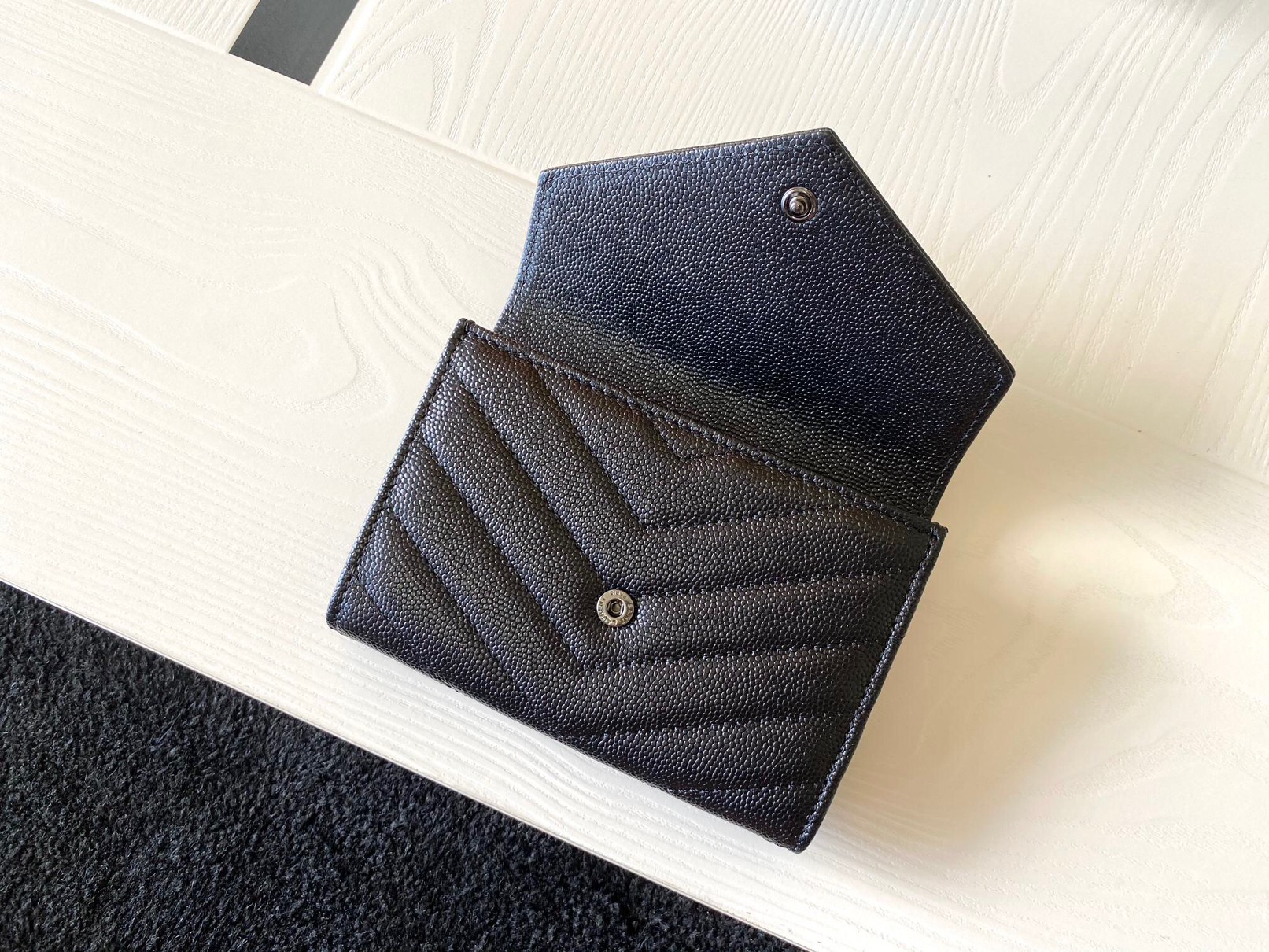 Saint Laurent Cassandre Small Envelope All Black Wallet in Matelasse Leather