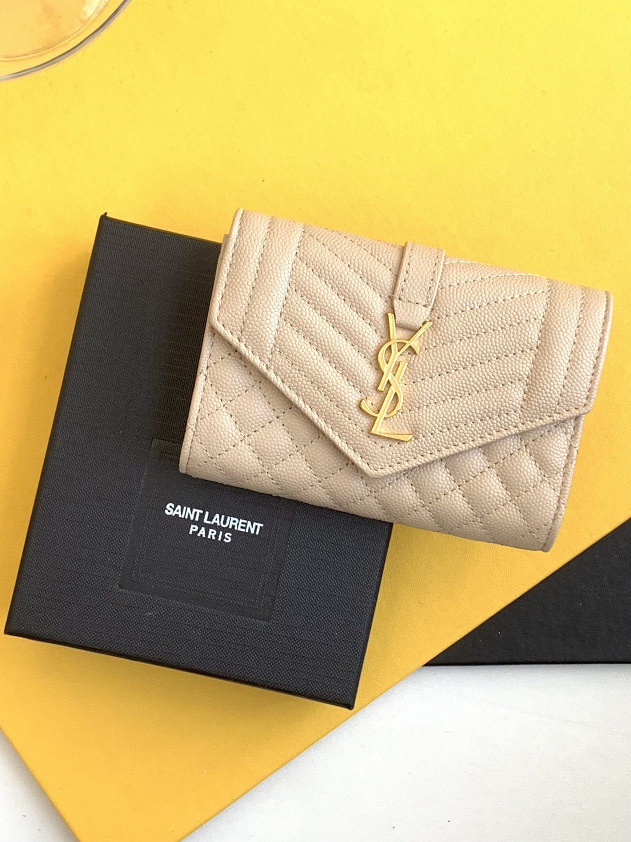 Saint Laurent Small Envelope Wallet in Beige Matelasse Leather