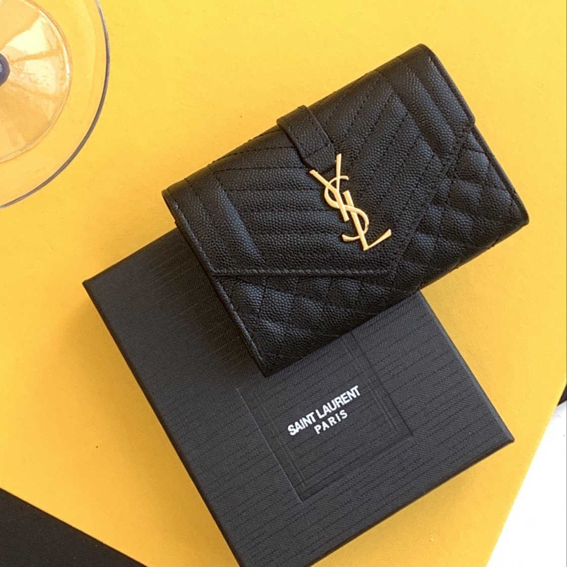 Saint Laurent Small Envelope Wallet in Black Matelasse Leather