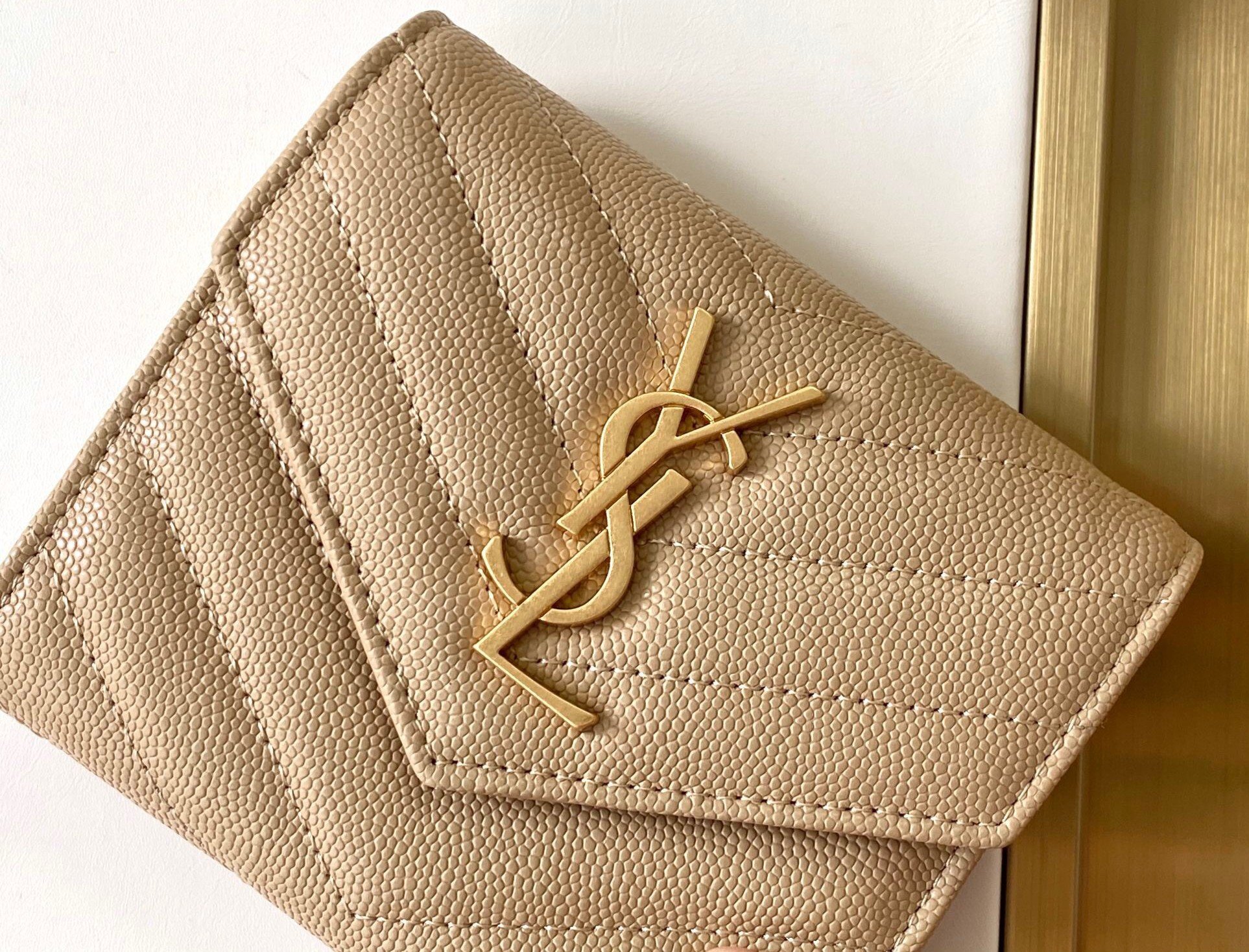 Saint Laurent Cassandre Tri-fold Wallet in Beige Matelasse Leather