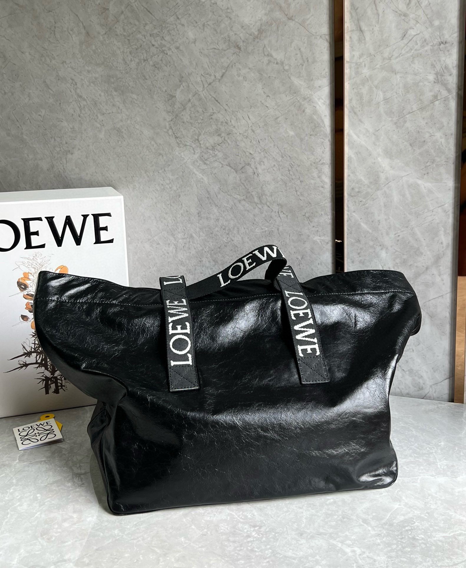 Loewe Fold Shopper Bag in Black Paper Calfskin