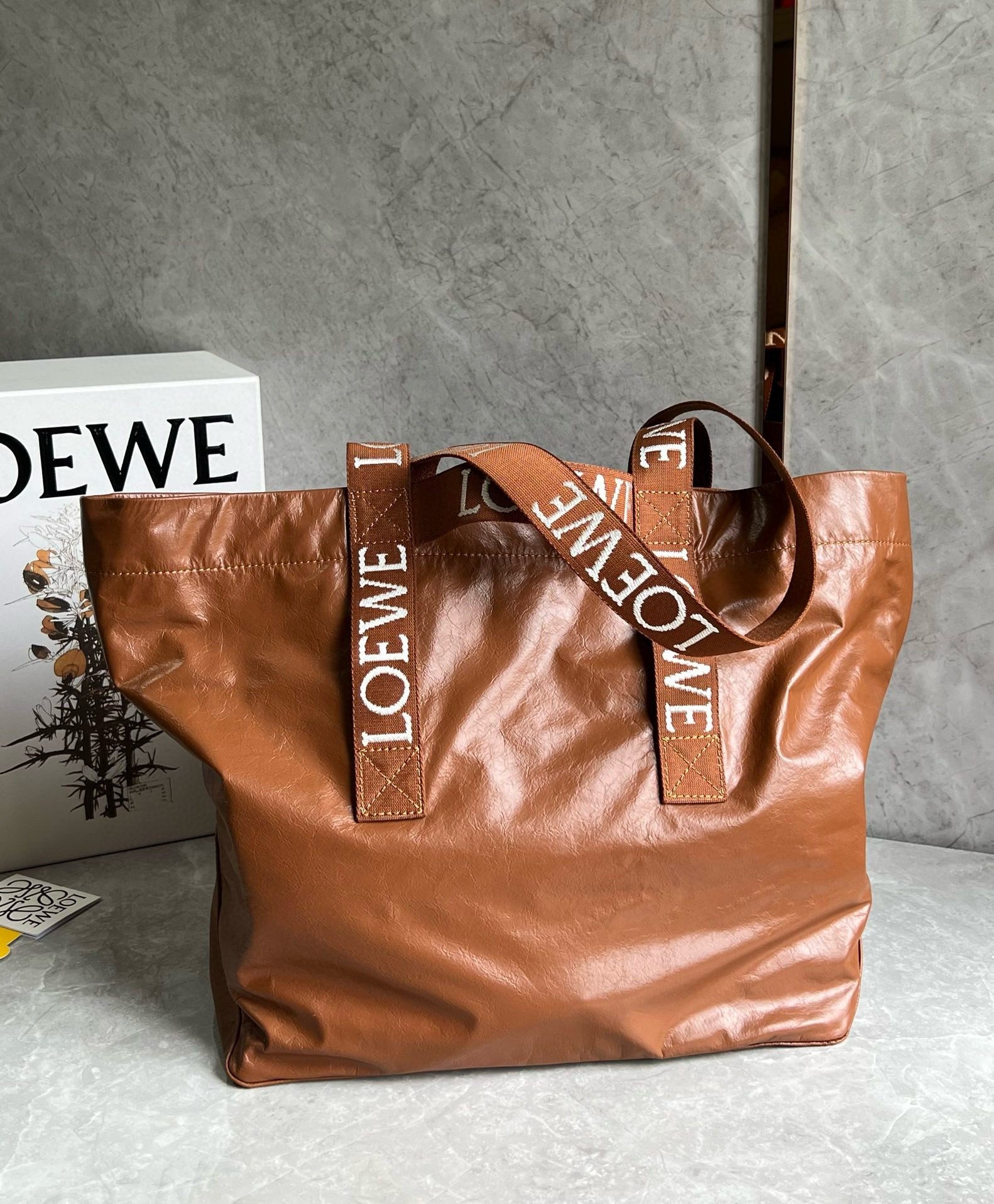 Loewe Fold Shopper Bag in Brown Paper Calfskin