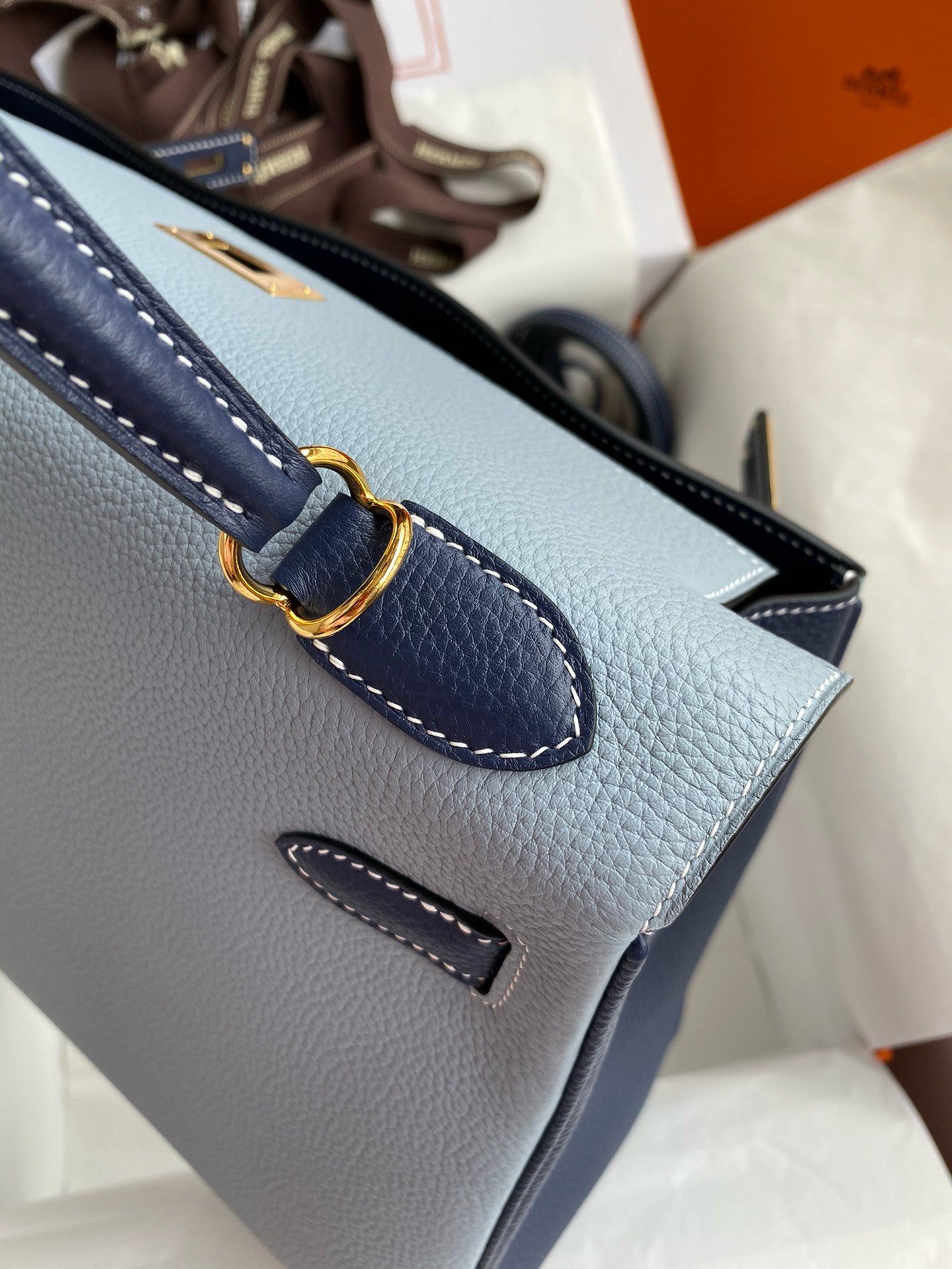 Hermes HSS Kelly 32 Bicolor Bag in Blue Lin and Blue Clemence Leather