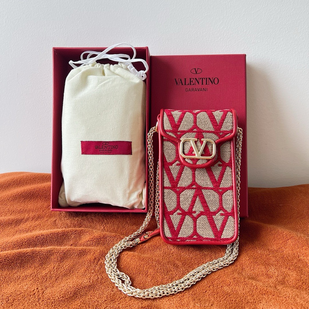 Valentino Loco Phone Case in Red Toile Iconographe with Chain