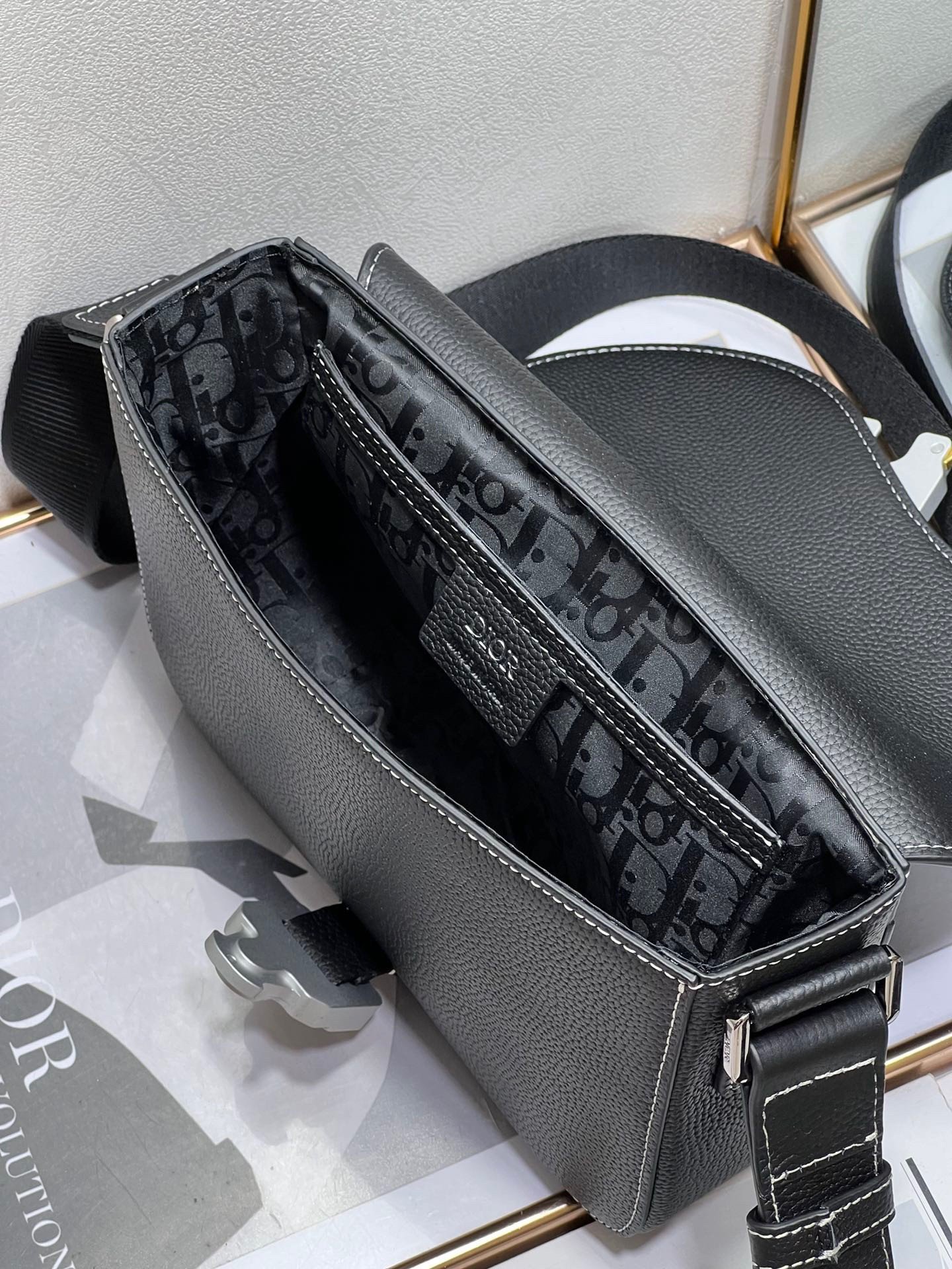 Dior Men's Small Saddle Messenger Bag In Black Grained Calfskin