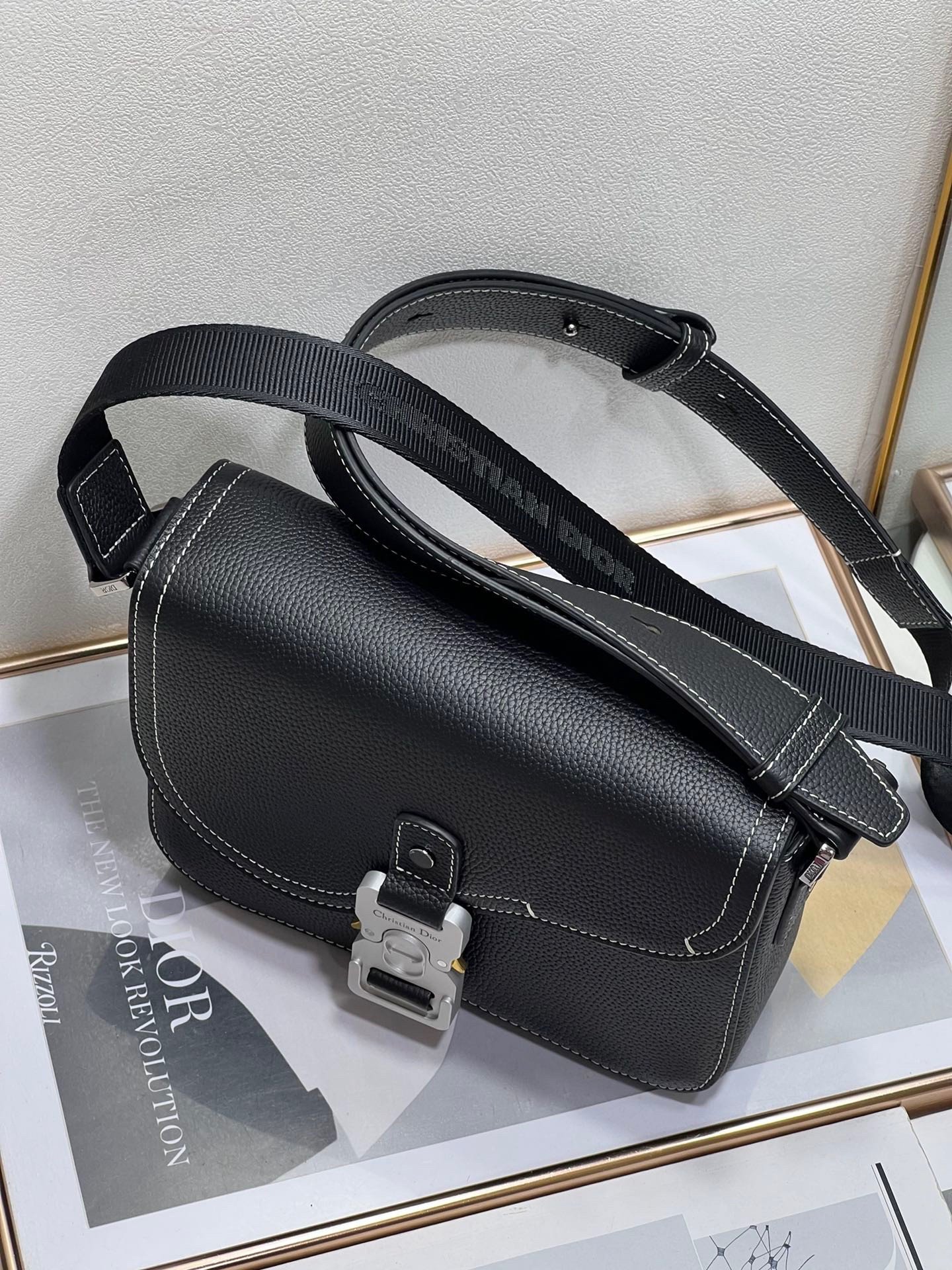 Dior Men's Small Saddle Messenger Bag In Black Grained Calfskin