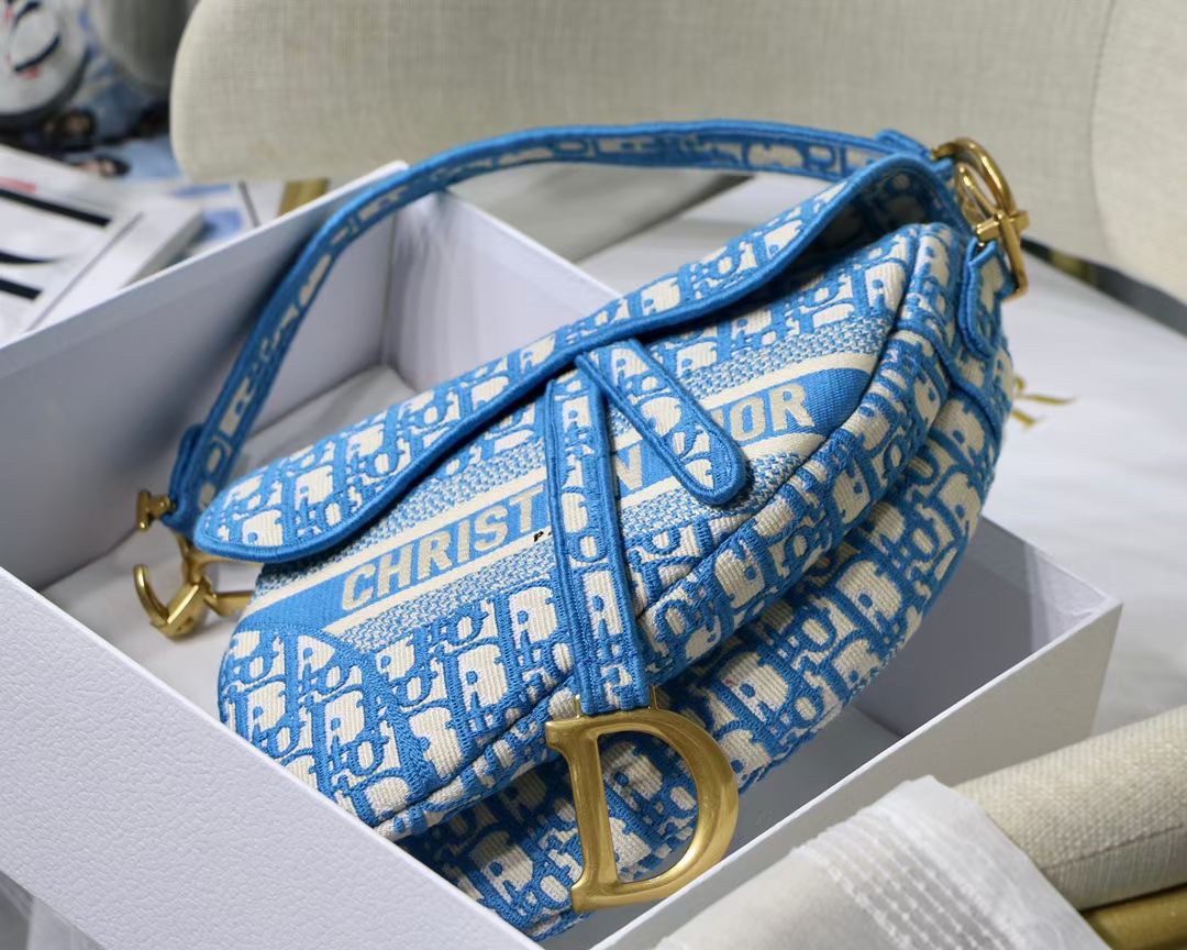 Dior Saddle Bag In Cornflower Blue Dior Oblique Embroidery