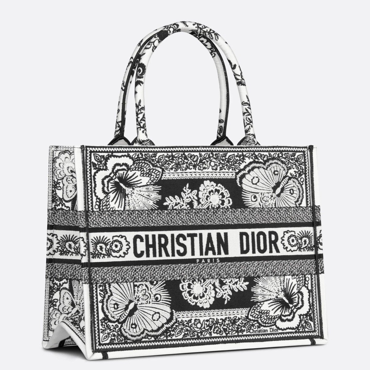 Dior Medium Book Tote Bag in Black and White Butterfly Bandana Embroidery